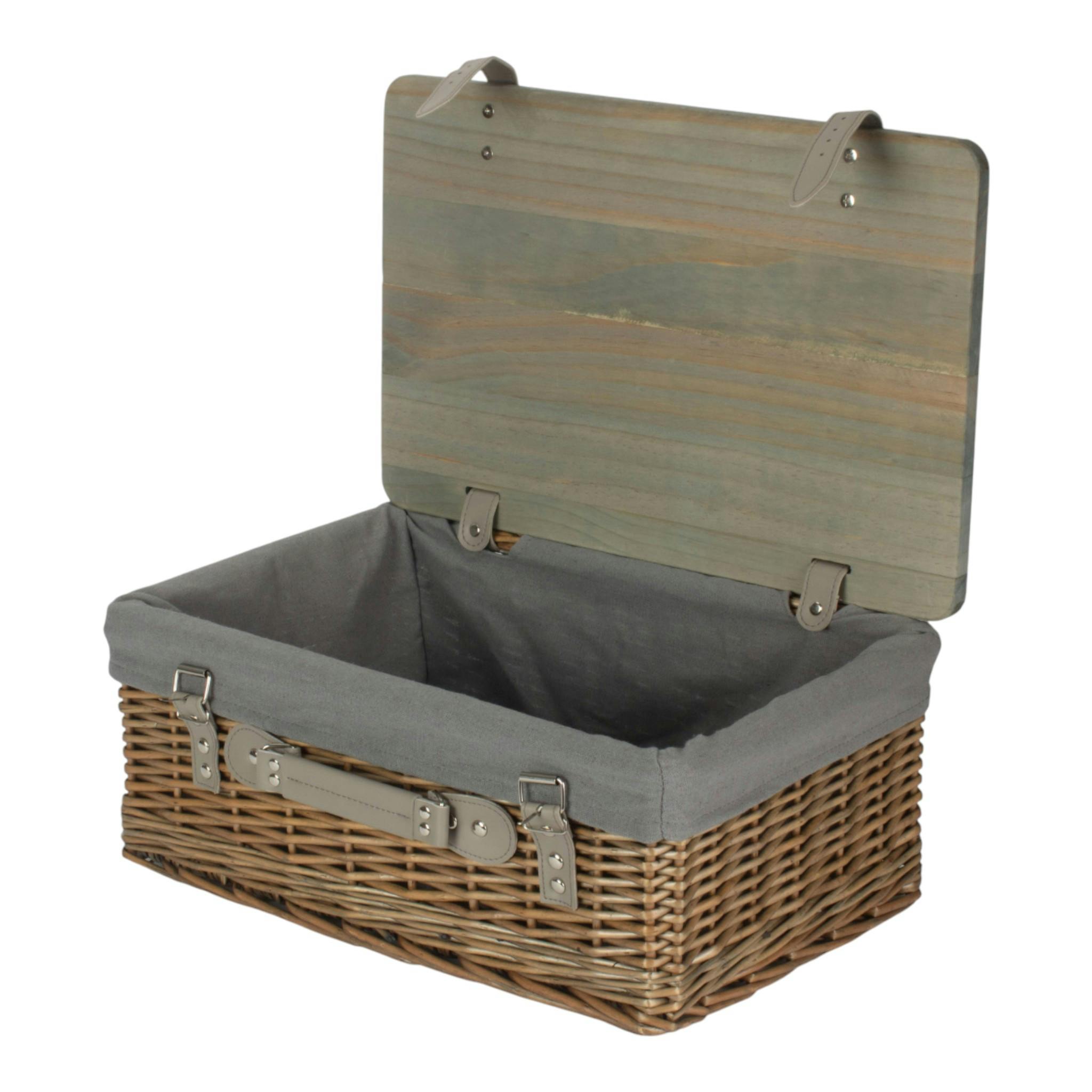 Rackhams Grey Antique Wash Lined Willow Picnic Basket With Pinewood Lid - Large - 1 - Wicker And Pinewood