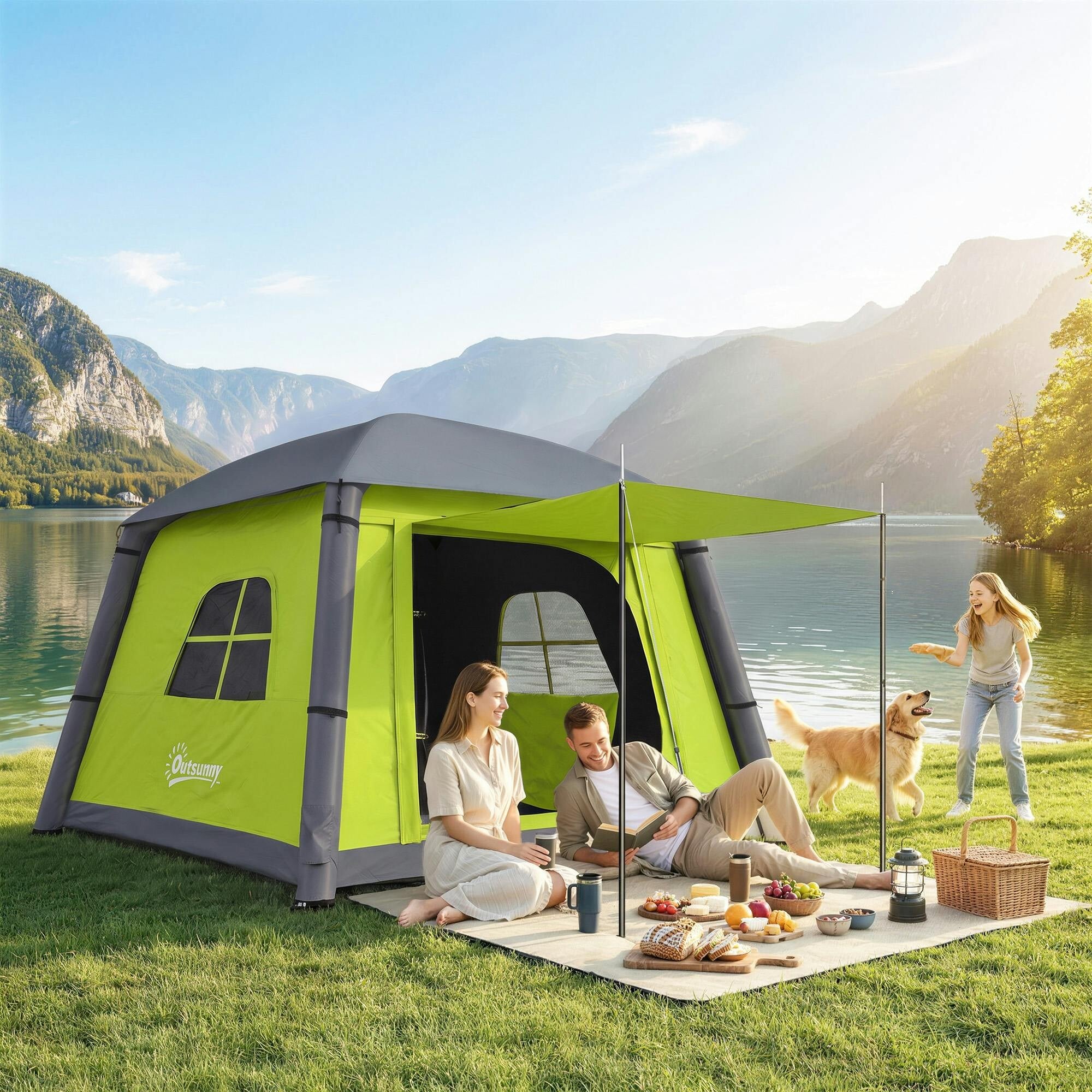 Outsunny Green Inflatable Camping Tent, Easy Setup 2 Man Tent,