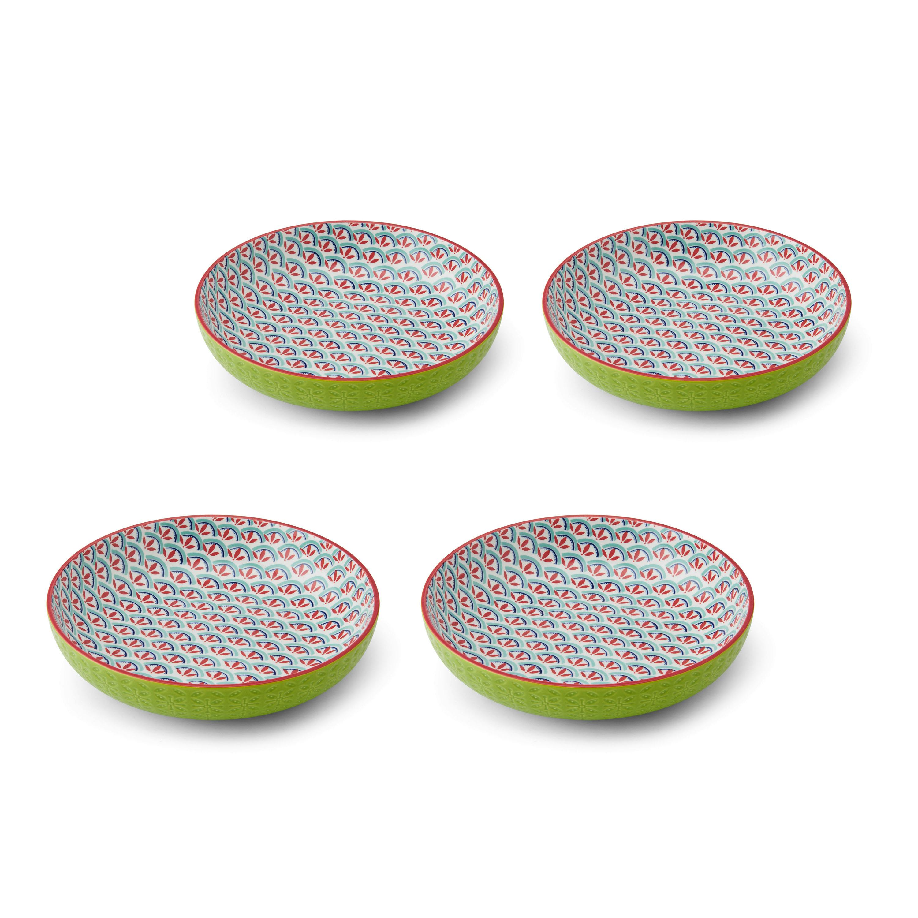 Rackhams Green Geometric Stoneware Bowl Set, Set Of 4 Coupe Bowls For Dining, 2-Toned Multi-Purpose Shallow Serving Dishes, 900Ml, 21 X 5Cm - Stoneware - Bowls