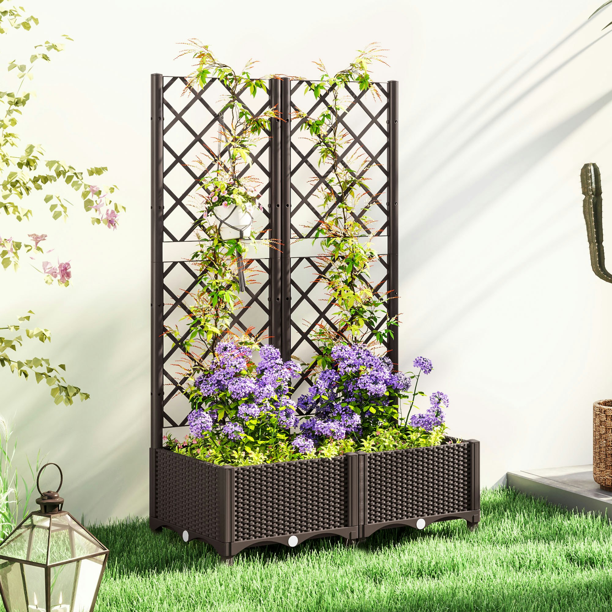 Rackhams Brown Plastic Planter Box With Trellis, Vegetable Planter W/ Drain Plugs - Pp - 80L X 40W X 123H Cm