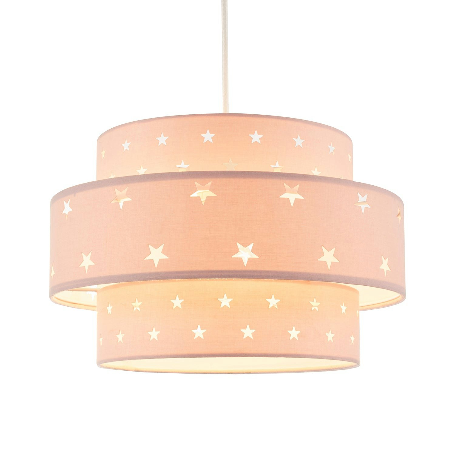 Happy Homewares Pink Triple Tier Cotton Fabric Kids Pendant Shade With Stars Decor