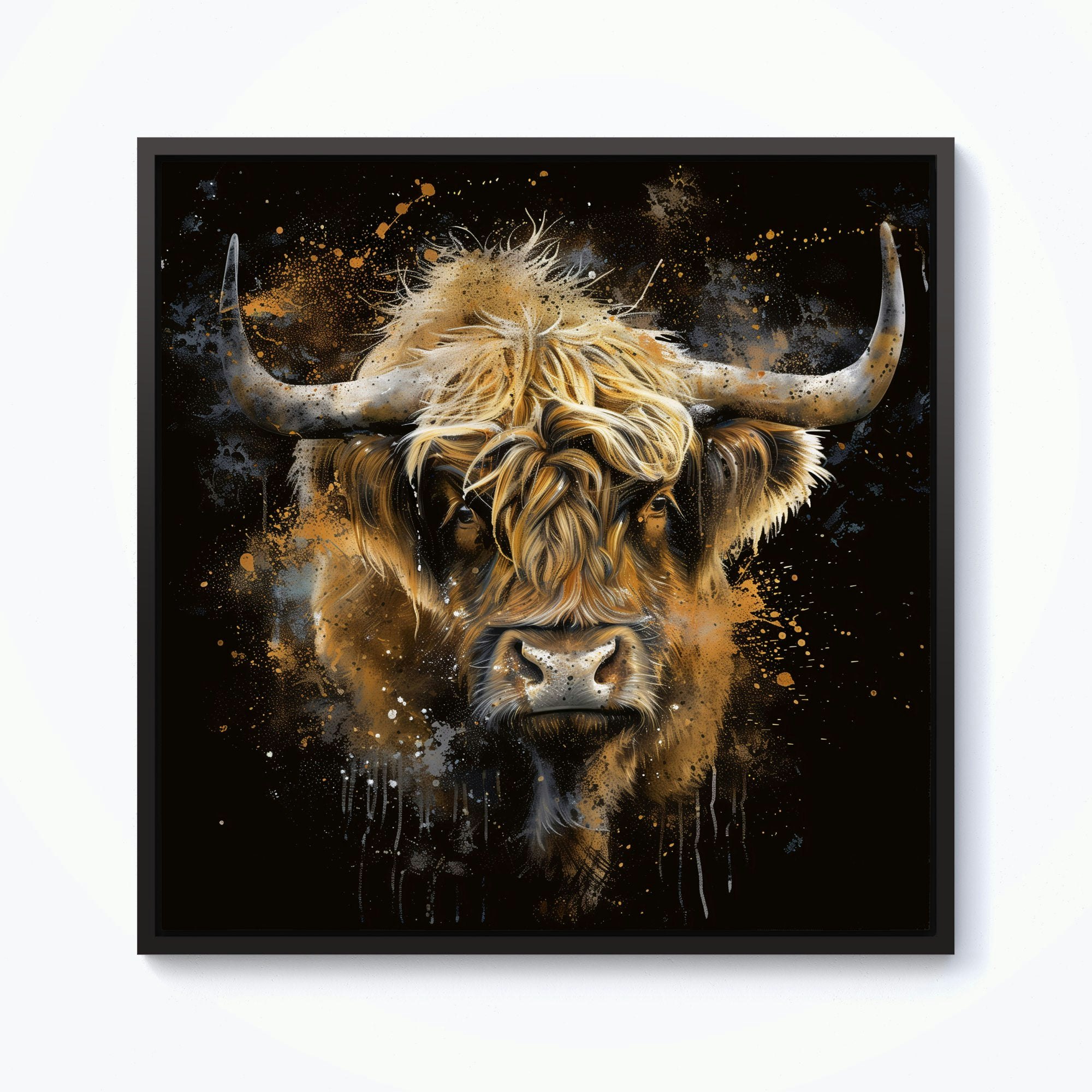 Warren Reed Bronze/Black Splash Art Highland Cow Framed Canvas - 10" X 10"