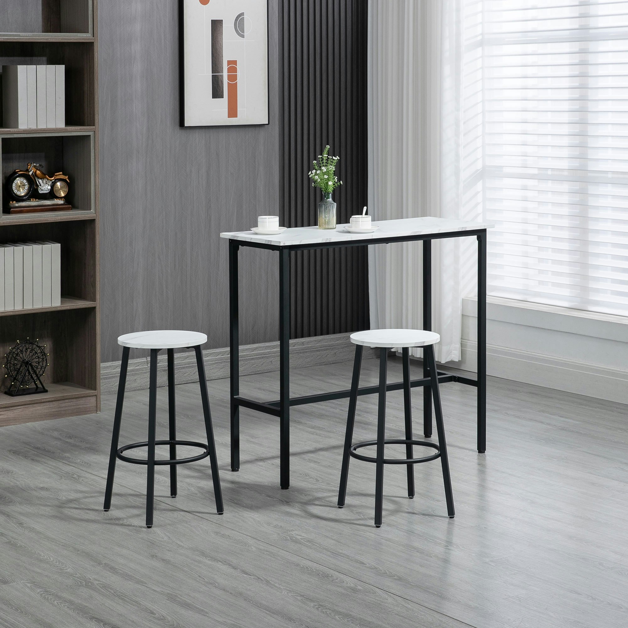 Homcom White 3 Piece Bar Table Set For 2 With Stools Steel Frame Footrest