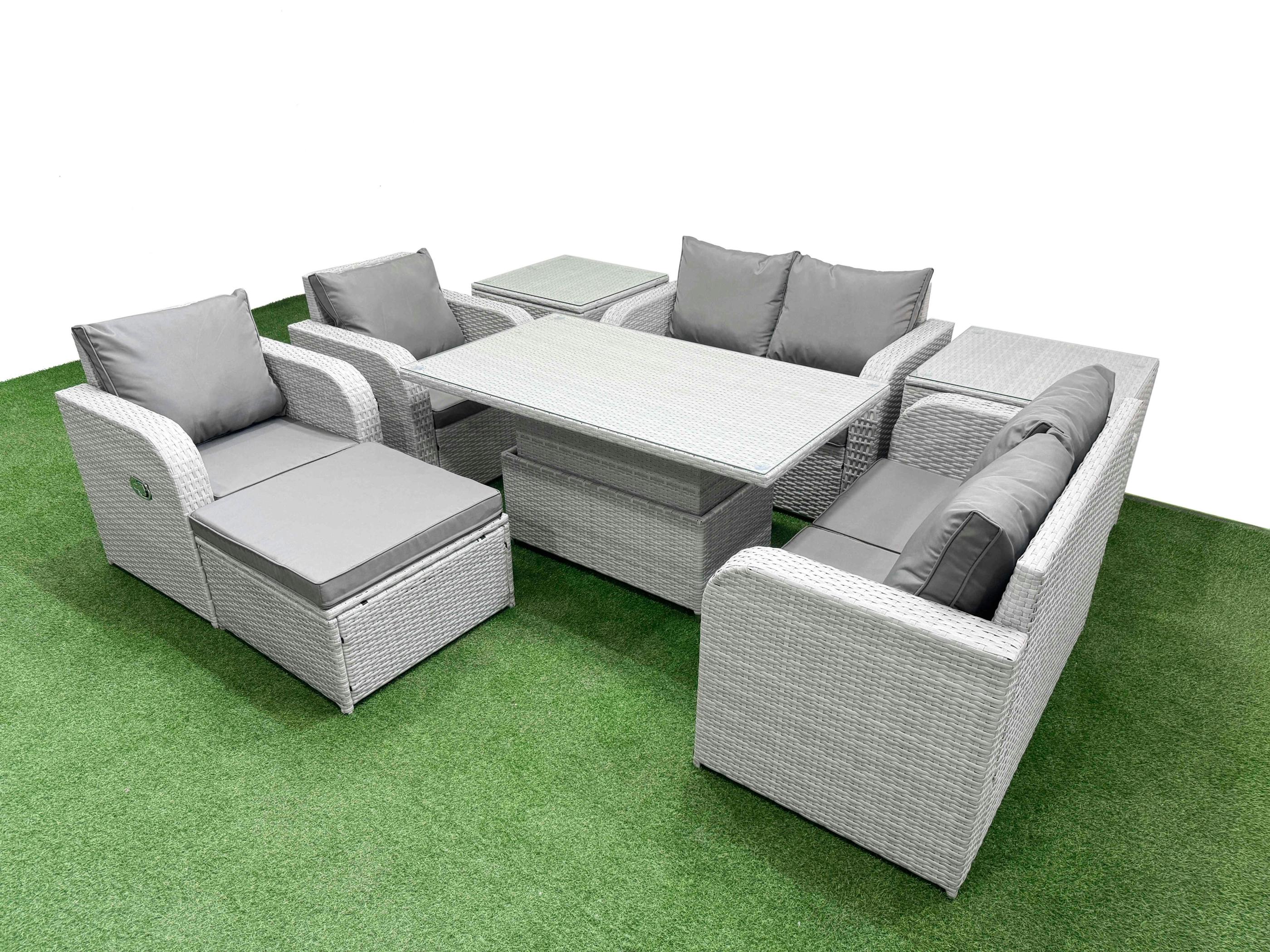 Rackhams Light/Grey 7 Seater Rattan Garden Furniture Set With Adjustable Height Table, 2 Loveseats, 2 Reclining Chairs, 1 Footstool & 2 Side Tables