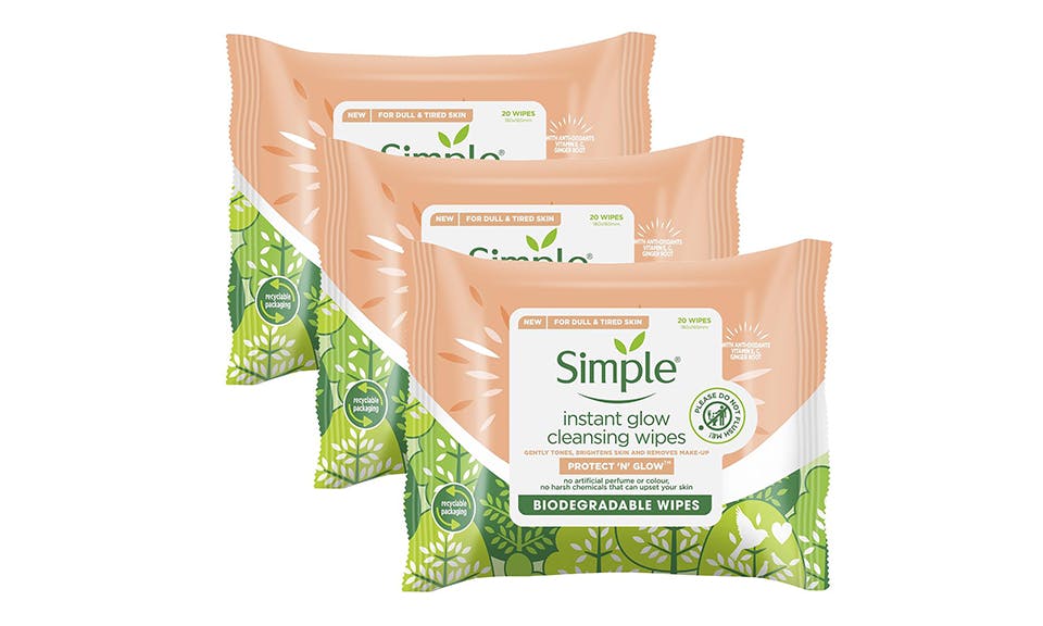 Simple Protect 'N' Glow Instant Cleansing Wipes For Dull & Tired Skin - 3 Pack