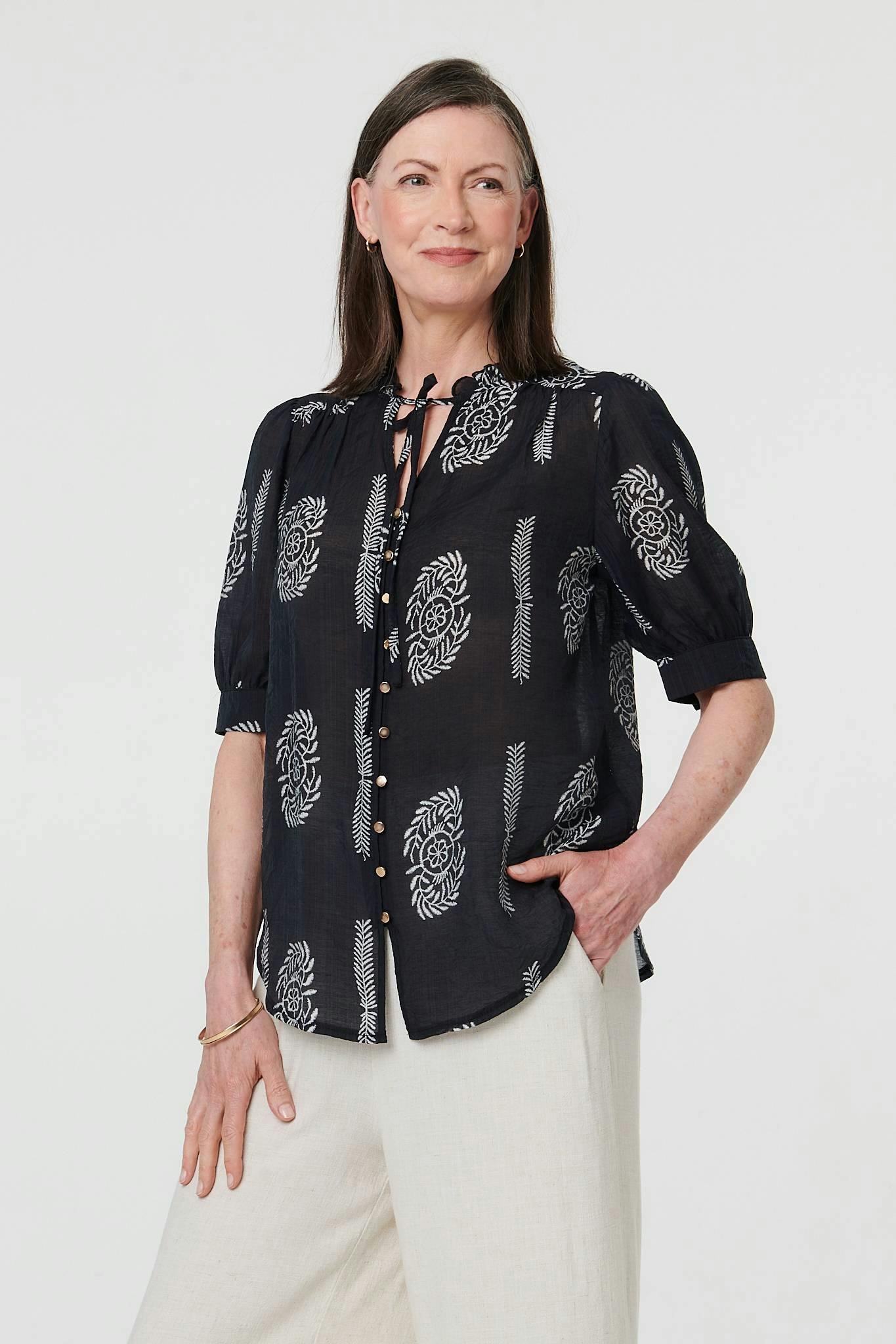 Izabel London Black Abstract Tie Front 1/2 Sleeve Blouse - 10