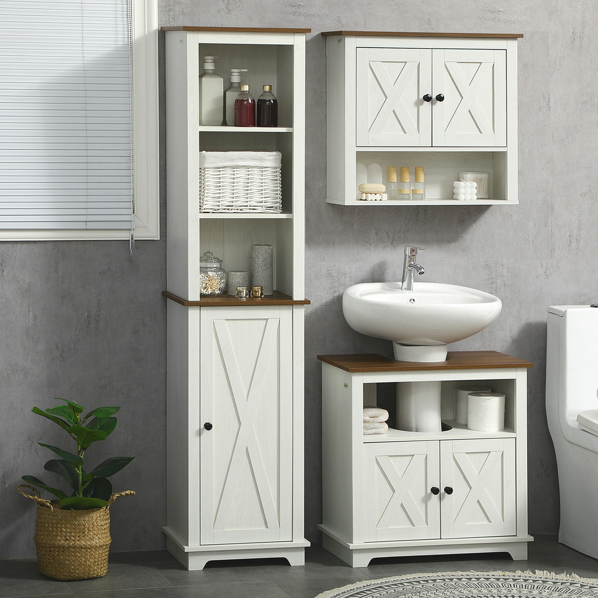 Rackhams White Tall Bathroom Cabinet Storage Cupboard With Door, Adjustable Shelves