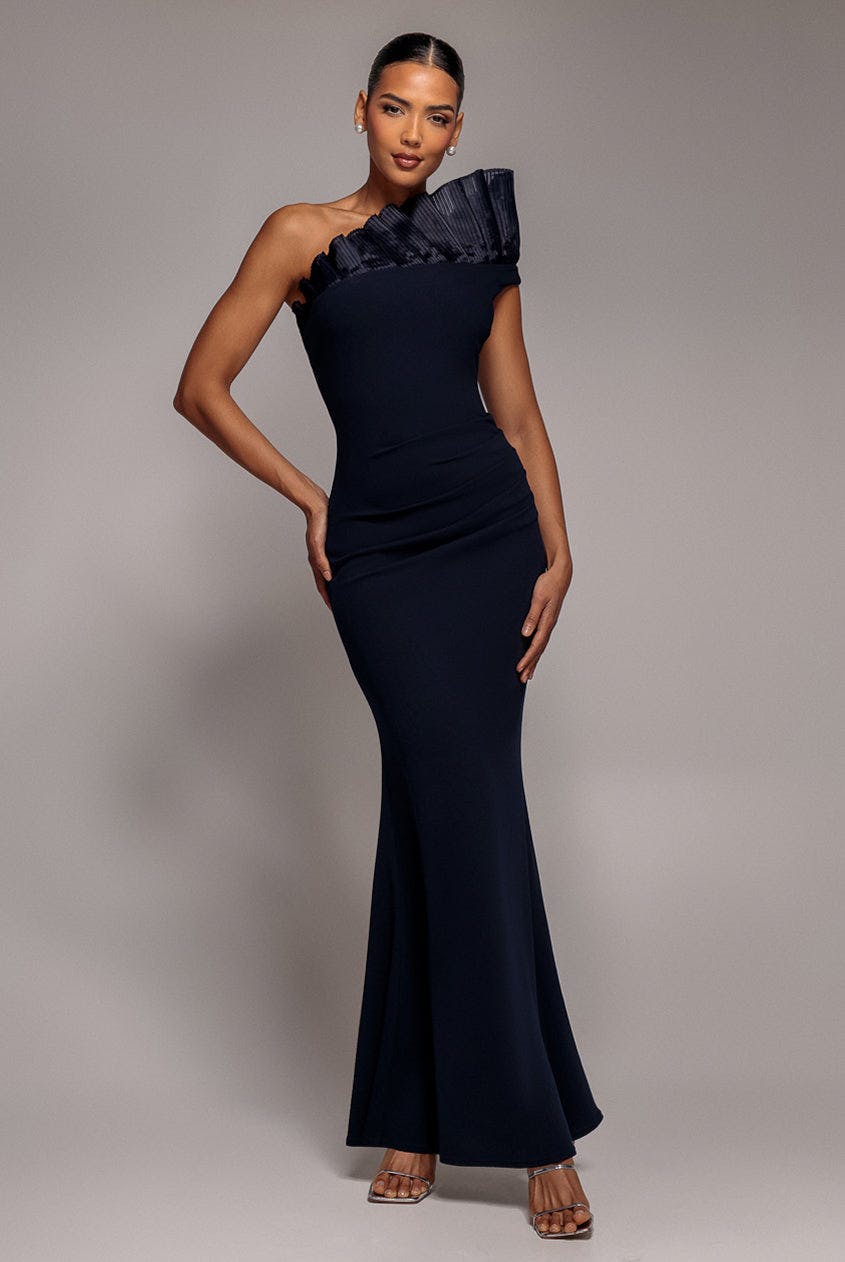 Goddiva Blue One Shoulder Organza Frill Pleated Mermaid Maxi Dress - Navy By - Navy - 14