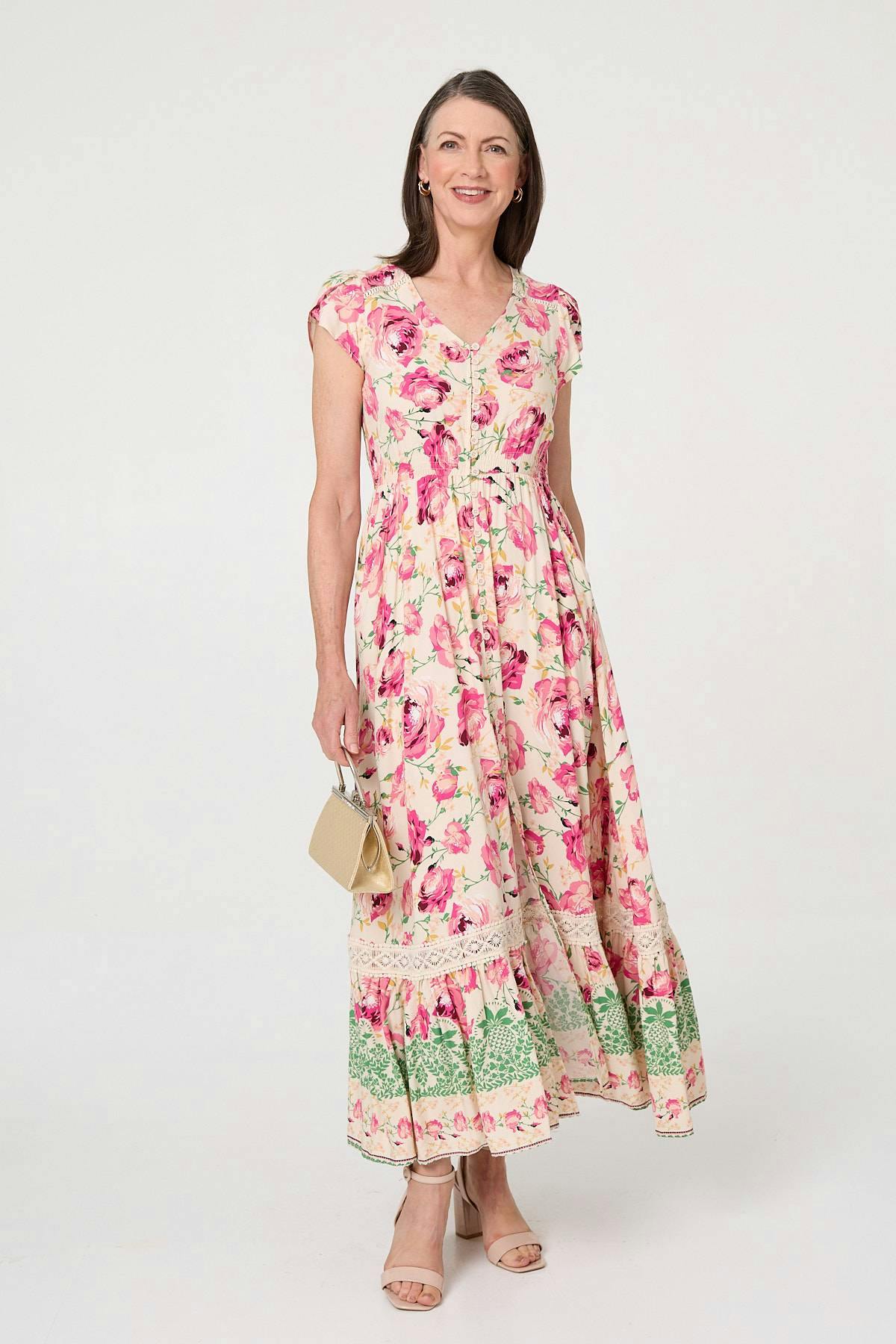 Izabel London Pink Floral Lace Trim Relaxed Maxi Dress - 16