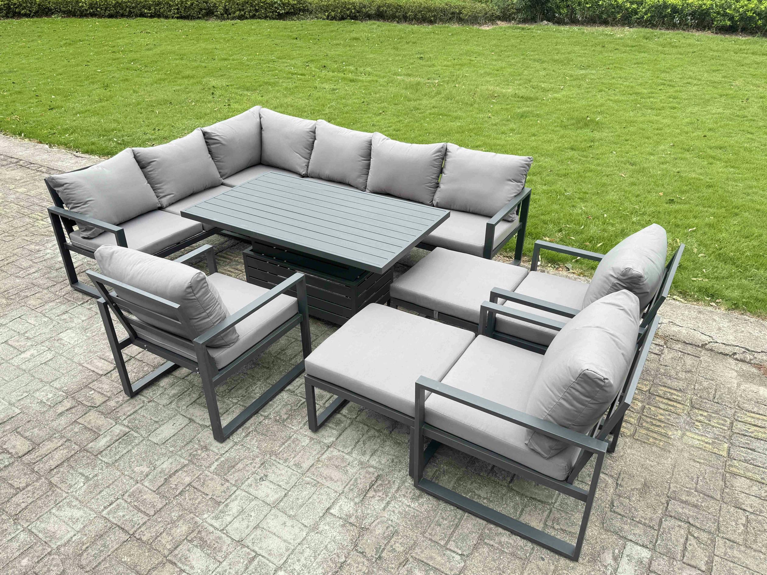 Rackhams Dark/Grey 11 Seater Aluminium Garden Furniture Outdoor Dining Set With Adjustable Rising Lifting Dining Table,2 Big Footstools