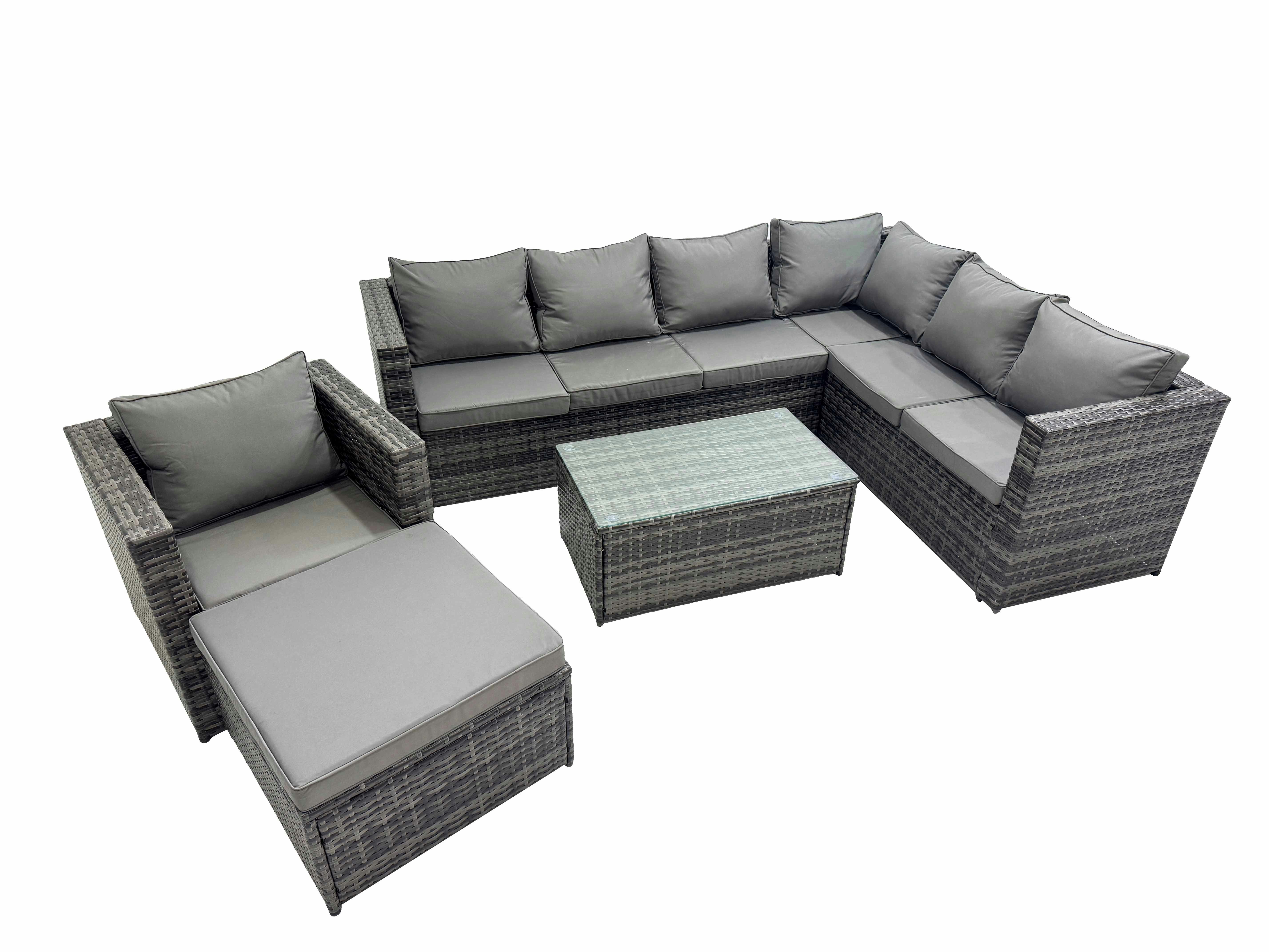 Rackhams Dark/Grey Patio Sofa Oblong Coffee Table Set Rattan Garden Furniture Set With Big Stool Chair Mixed