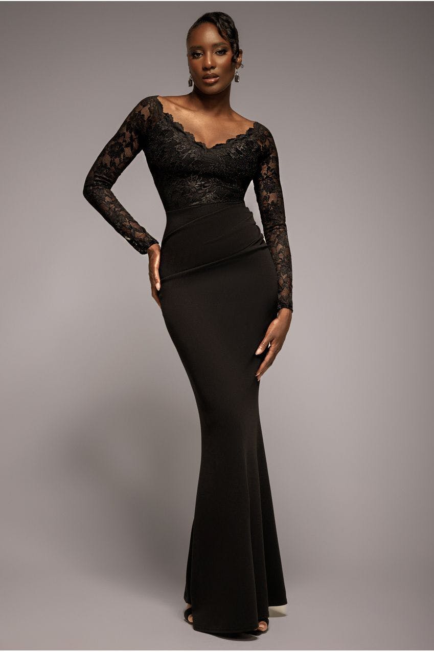 Goddiva Black Scalloped Lace Bodice Long Sleeve Bardot Maxi Dress - By - 12