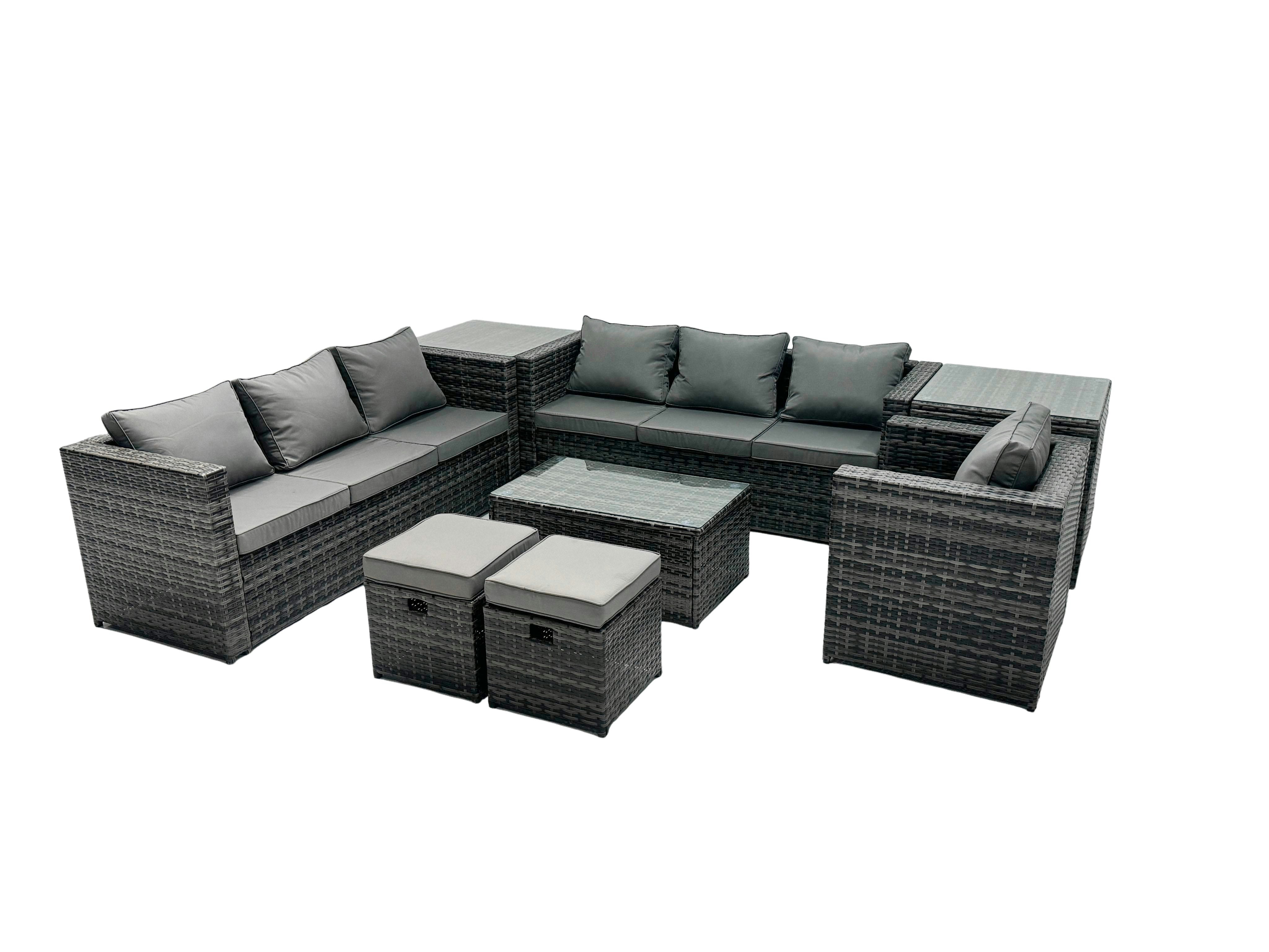 Rackhams Dark/Grey Rattan Garden Furniture Dining Set 9 Seater Patio Coffee Table Sofa Set With 2 Small Stools 2 Side Tables Mixed