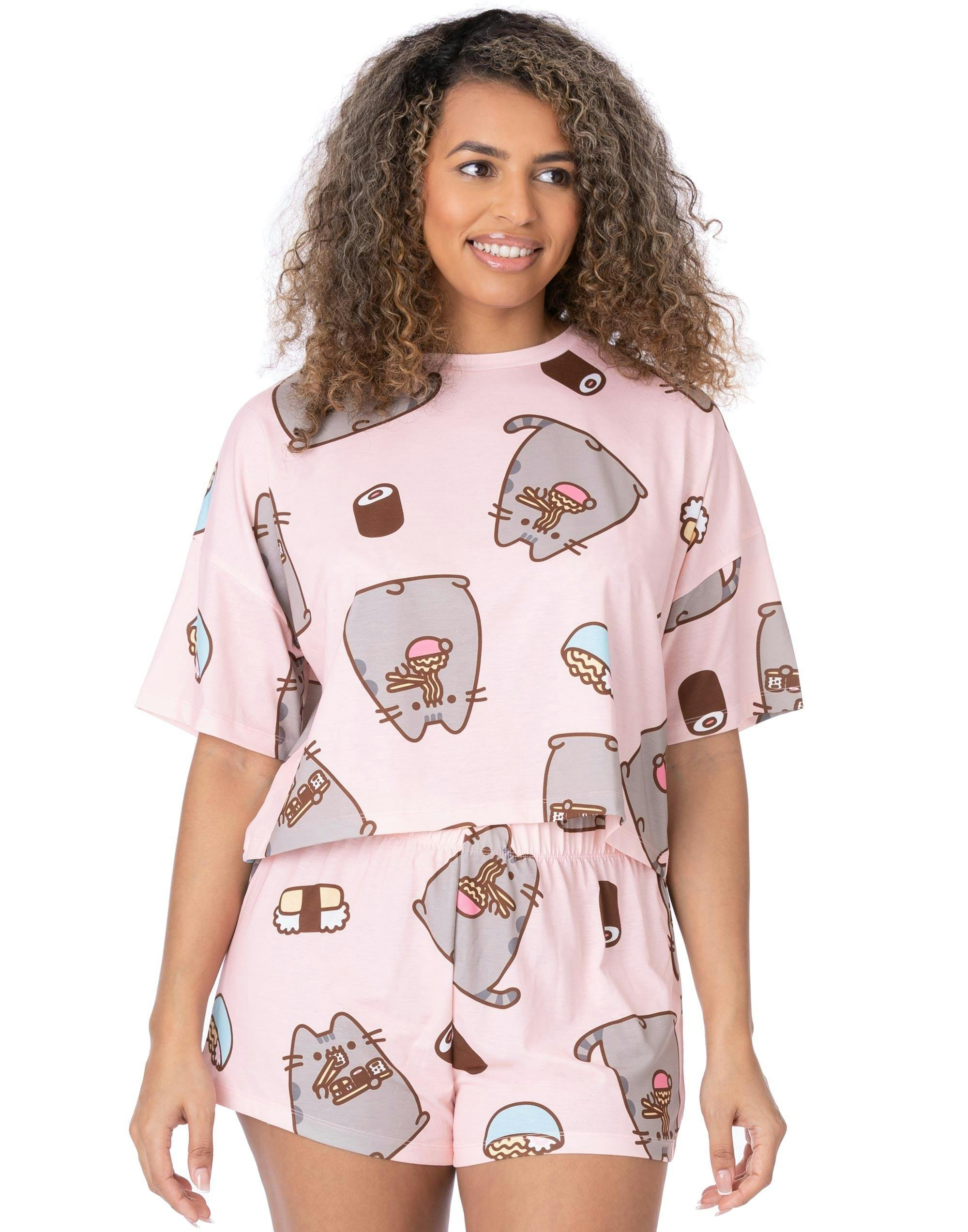 Vanilla Underground Women's Pink Pusheen Pusheen Food All-Over Print Short Sleeve Short Leg Pyjama Set - Large