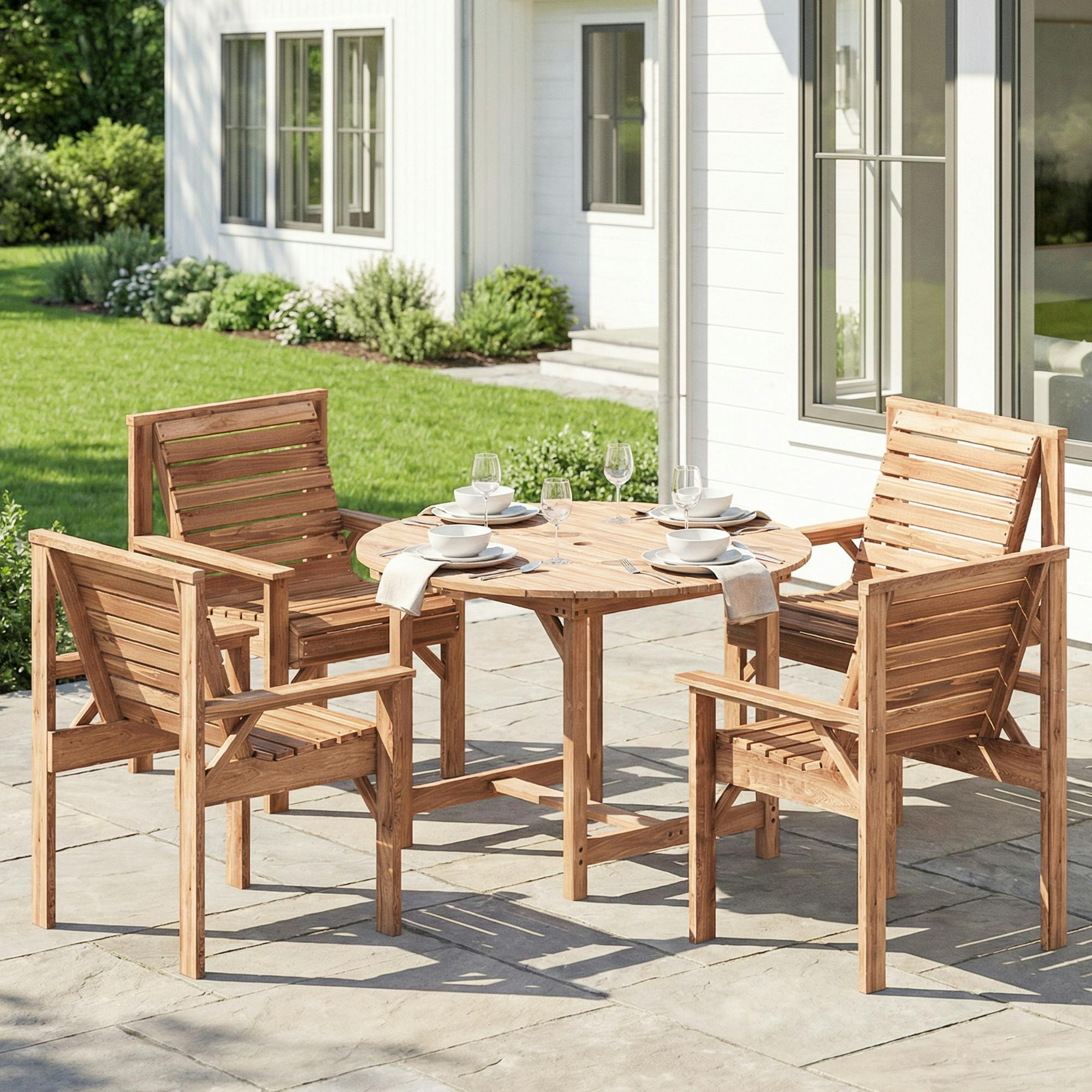Rackhams Garden Dining Set, Round Table And Chairs W/ Parasol Hole - Fir Wood - Table And 4 Chairs - Natural Wood