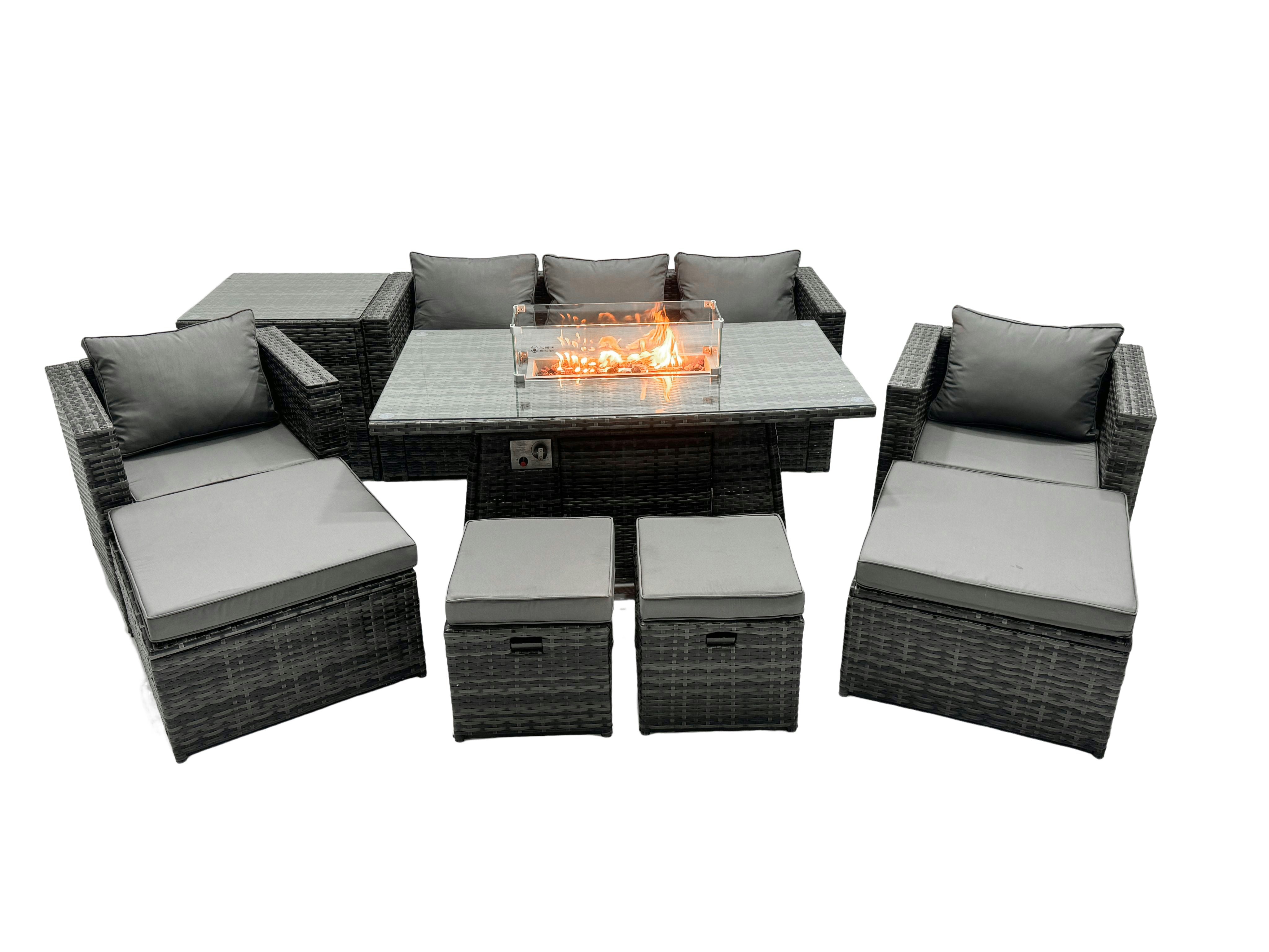Rackhams Dark/Grey Rattan Garden Furniture Fire Pit Dining Set 9 Seater Lounge Sofa Table Set With Side Table 4 Footstool