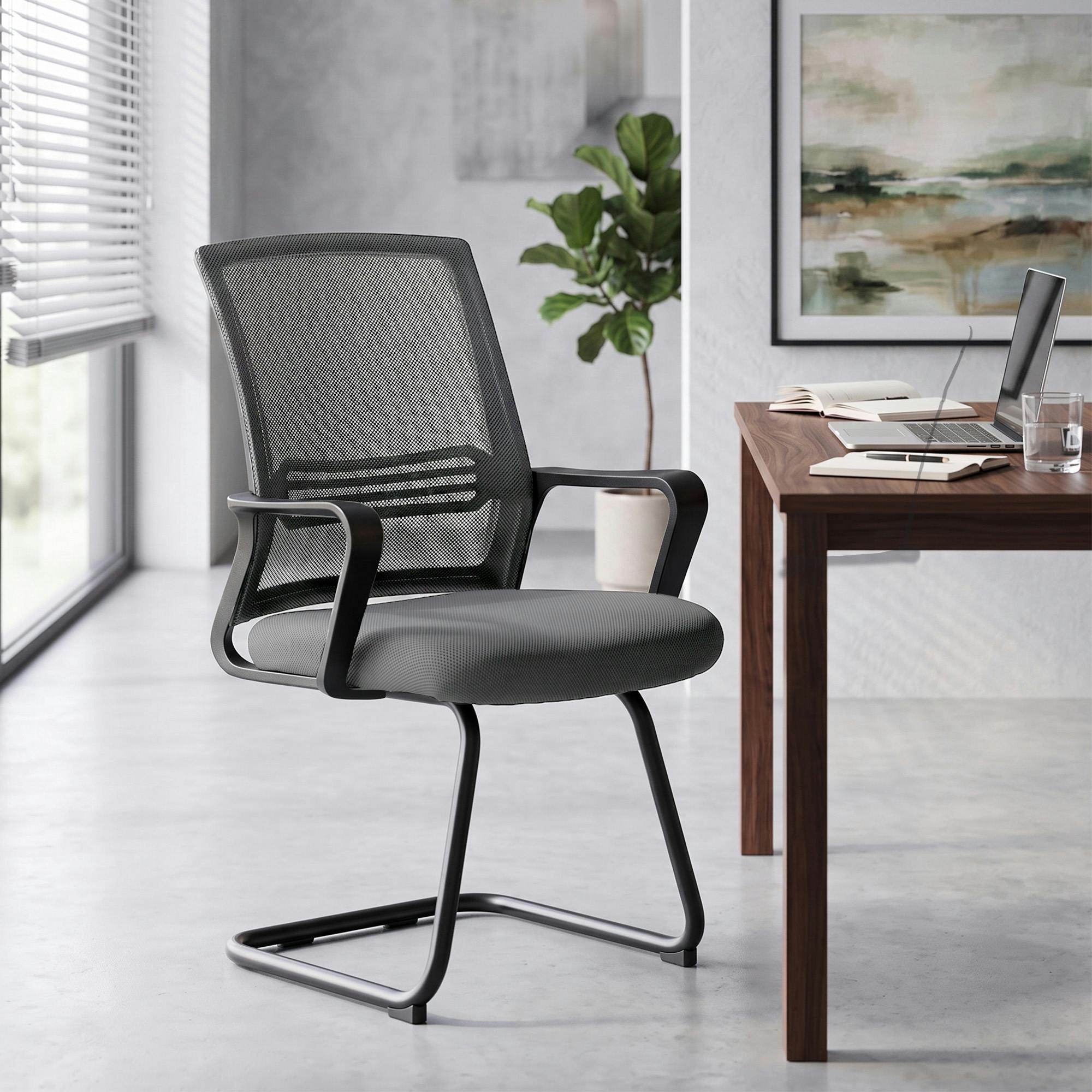 Rackhams Dark/Grey Padded Meeting Office Chair With Sled Base, No Wheels,