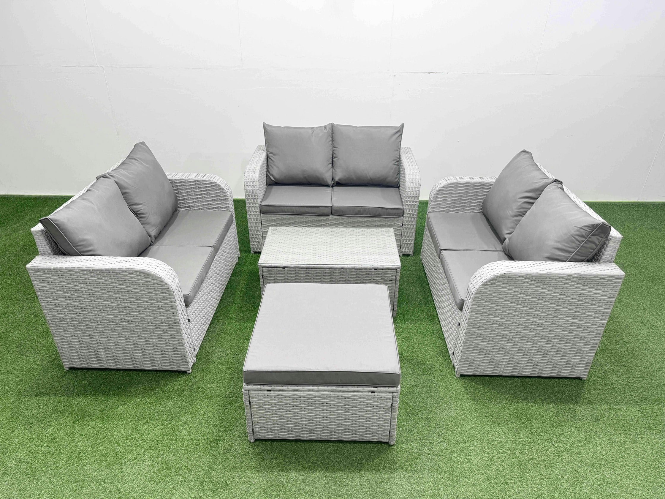 Rackhams Light/Grey 6 Seater Pe Wicker Rattan Furniture Sofa Sets With Rectangular Coffee Table 2 Seater Love Sofa Side Table