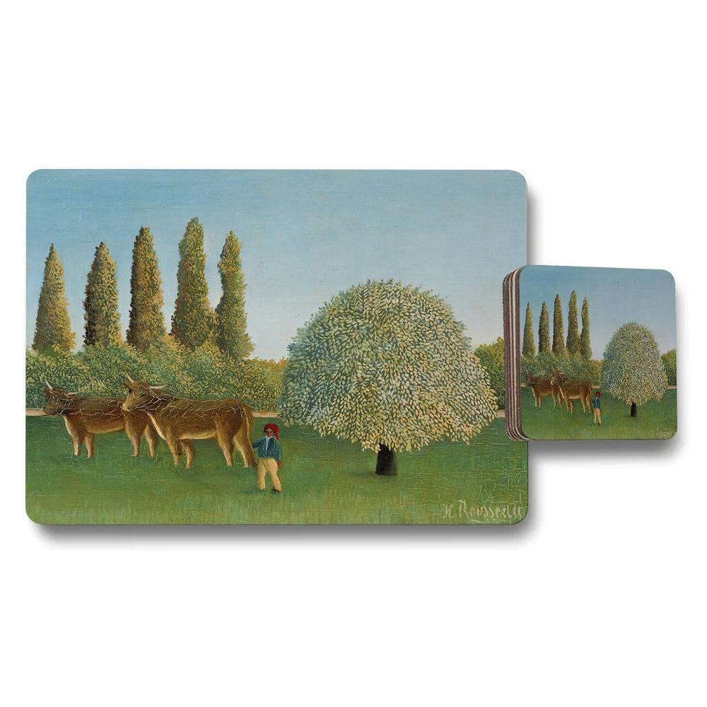 Benjamin Tate Design Blue/Green Pastoral Landscape Placemats And Coasters Set With Trees And Cows