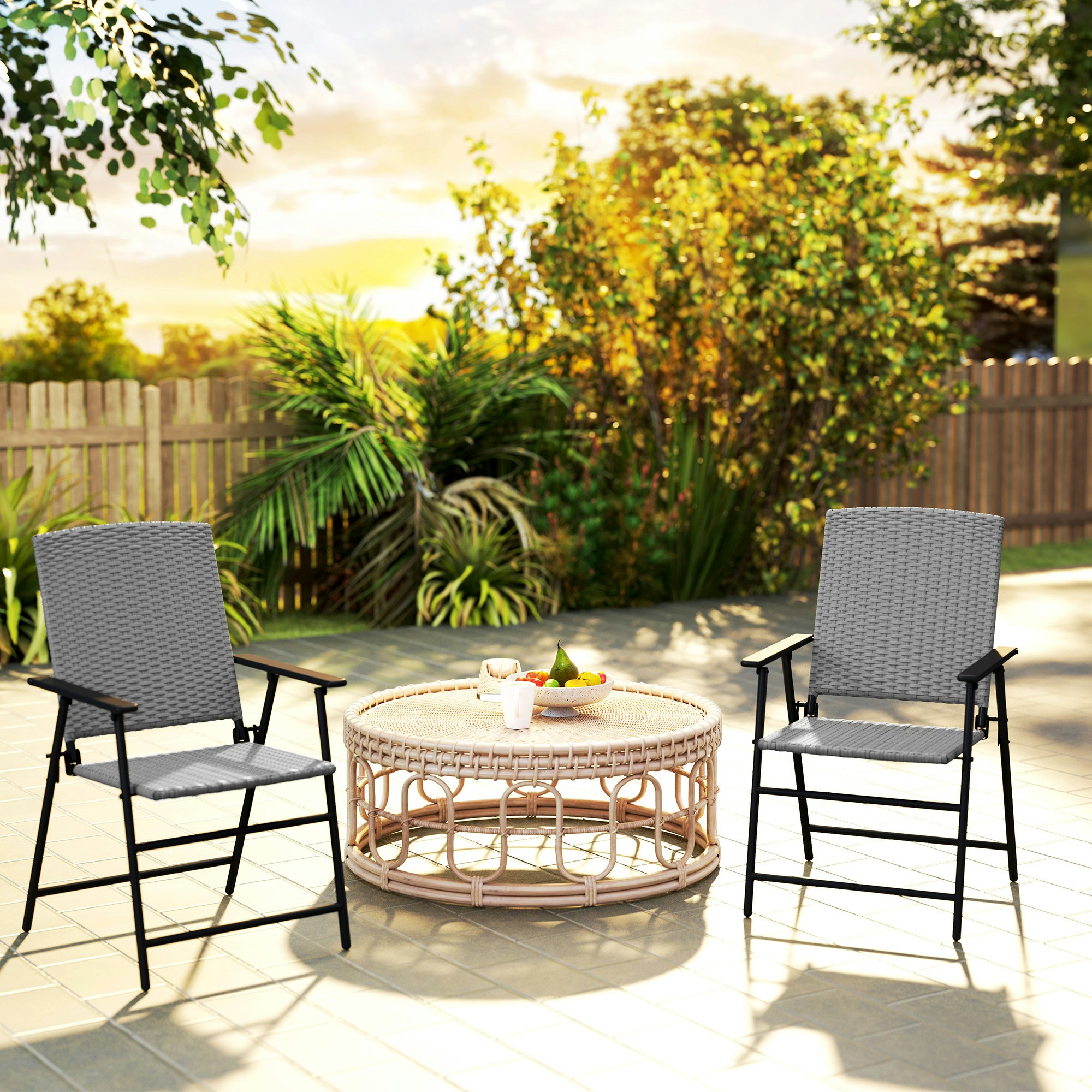 Rackhams Brown/Grey 2Pcs Rattan Chair Foldable Garden Furniture W/ Armrest - 58Cm X 61Cm X 94Cm - 2