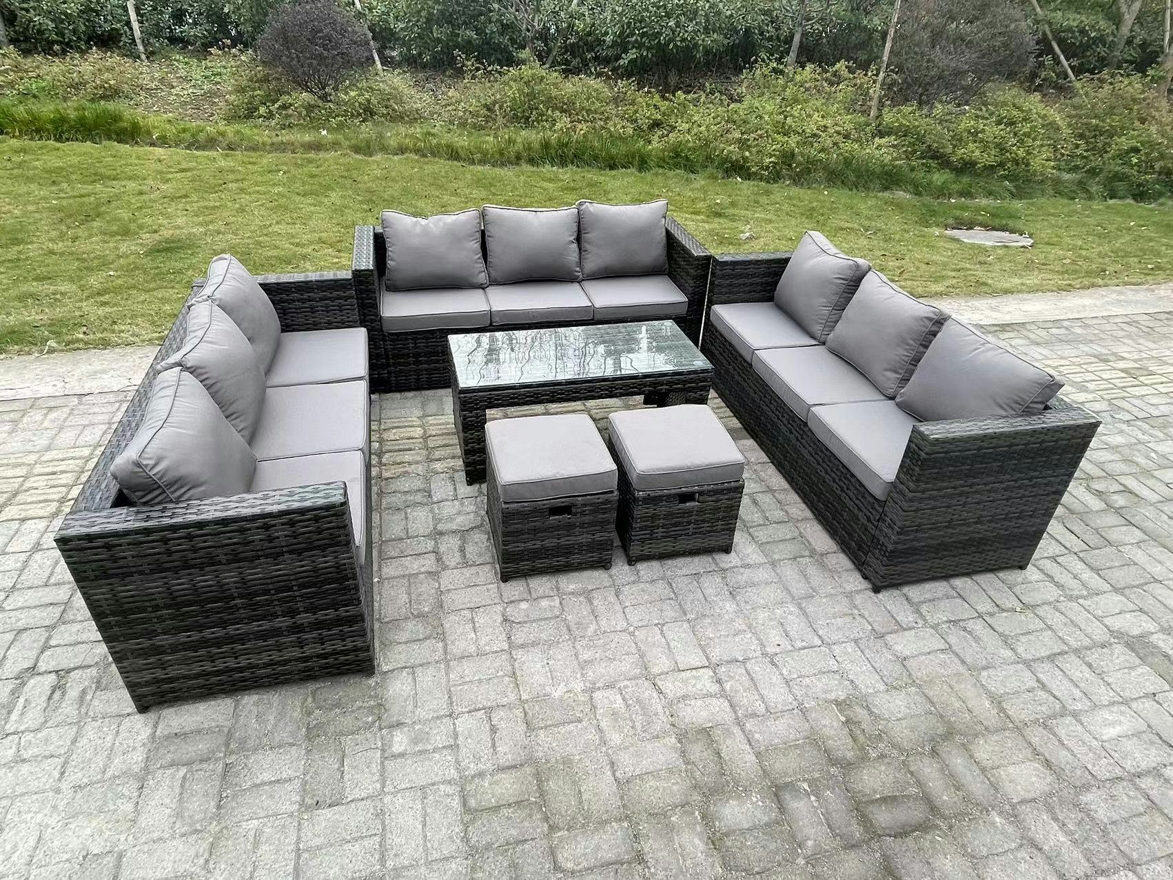 Rackhams Dark/Grey Outdoor Rattan Garden Furniture Lounge Sofa Set With Oblong Rectagular Coffee Table 2 Footstools