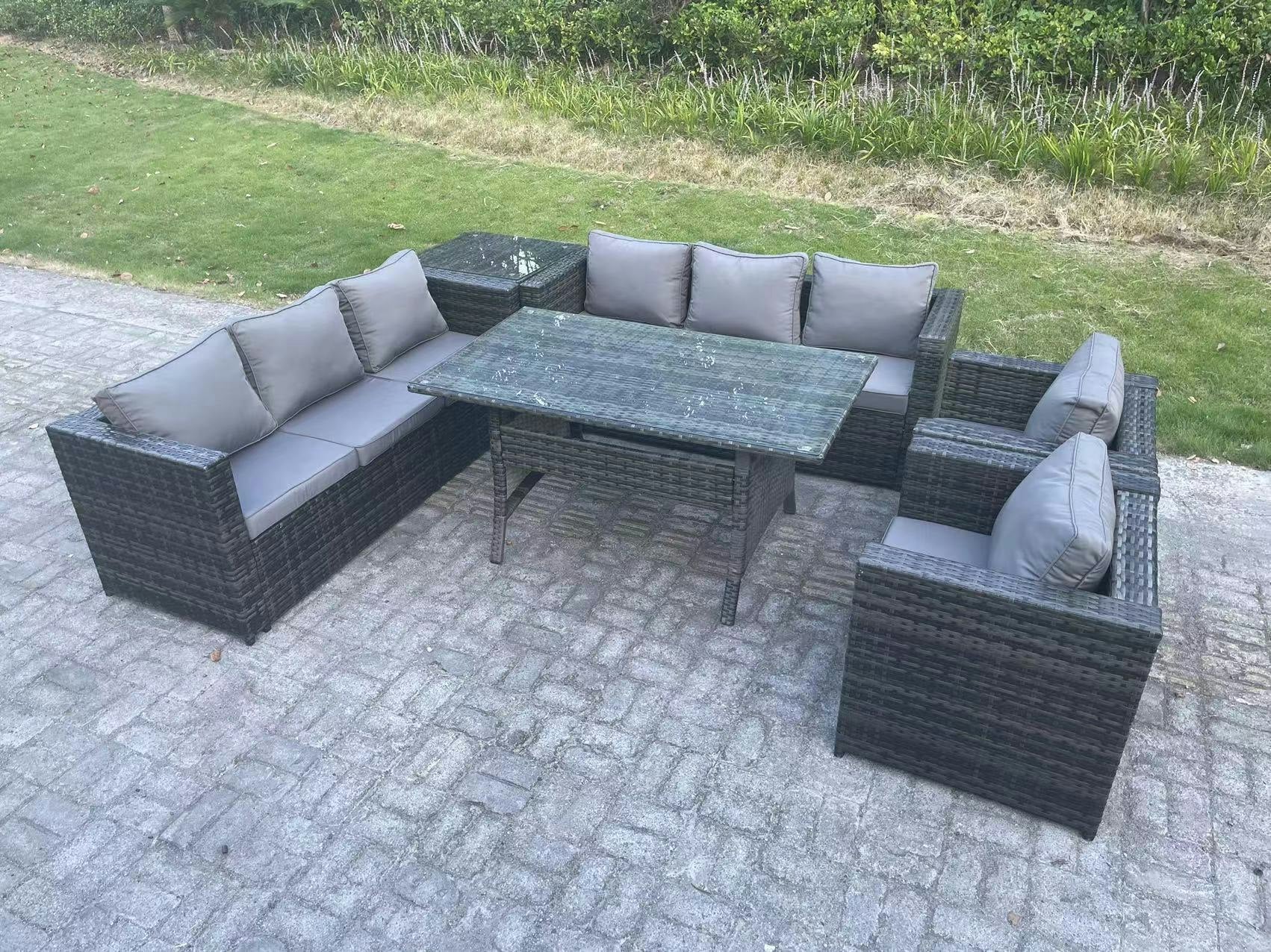 Rackhams Dark/Grey Outdoor Garden Furniture Rattan Lounge Sofa Set Patio Rectangular Dining Table With 2 Armchair Side Table 8 Seater Mixed