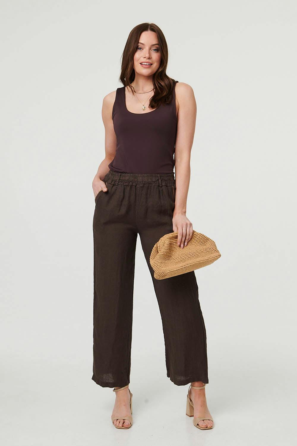 Izabel London Dark High Waist Wide Ankle Length Trousers - 14 - Chocolate
