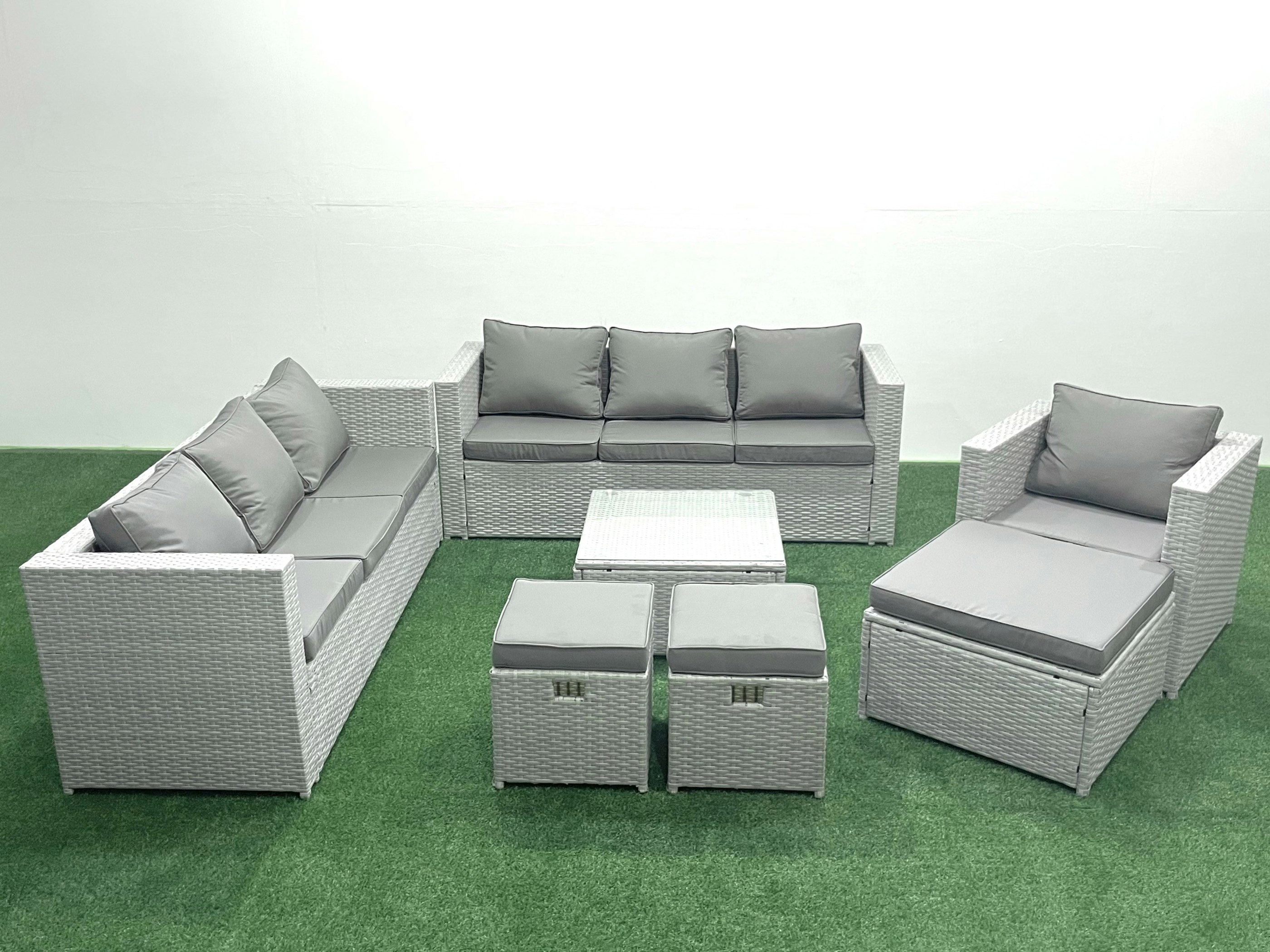 Rackhams Light/Grey Wicker Pe Rattan Sofa Garden Furniture Set With Armchair Square Coffee Table 3 Footstools Mixed