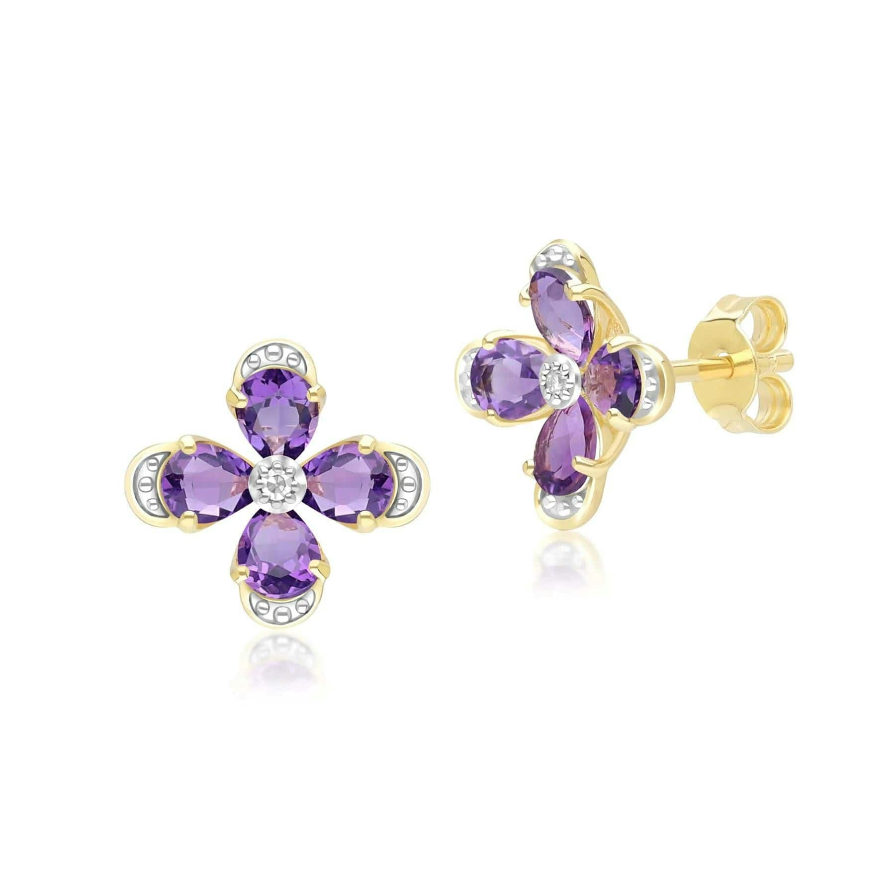 Gemondo Yellow/Gold Floral Amethyst & Diamond Stud Earrings In 9Ct