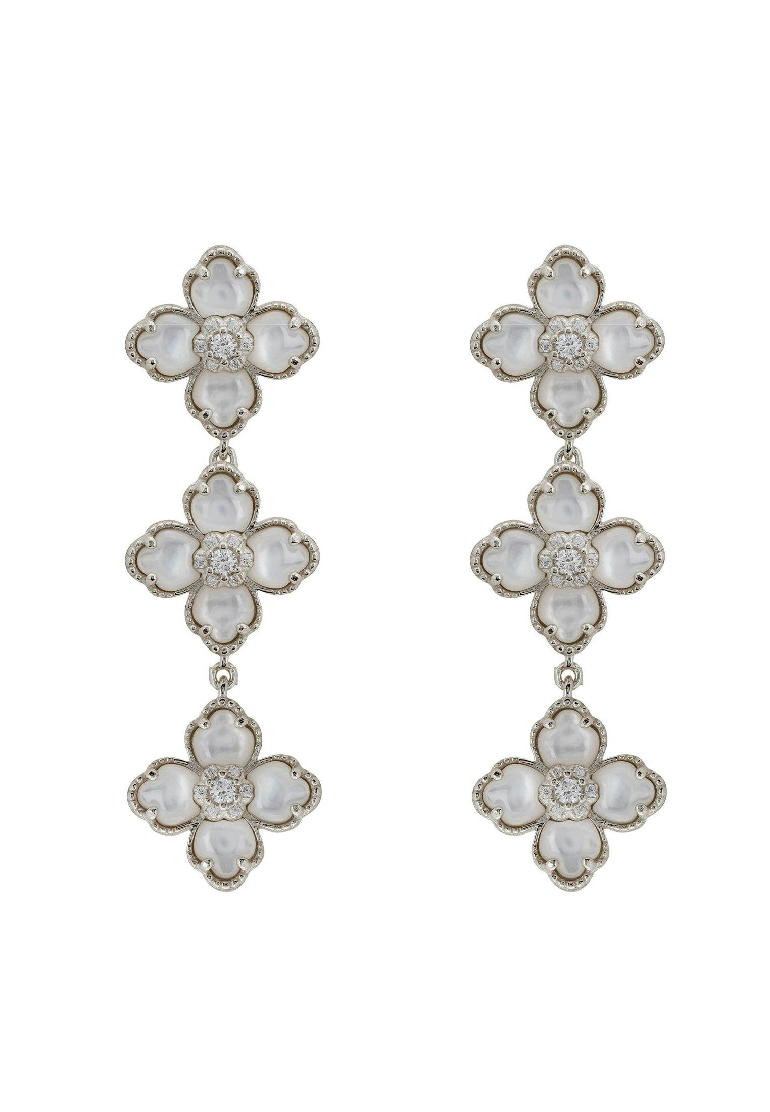 Latelita Silver Flower Clover Triple Drop Earrings Mother Of Pearl