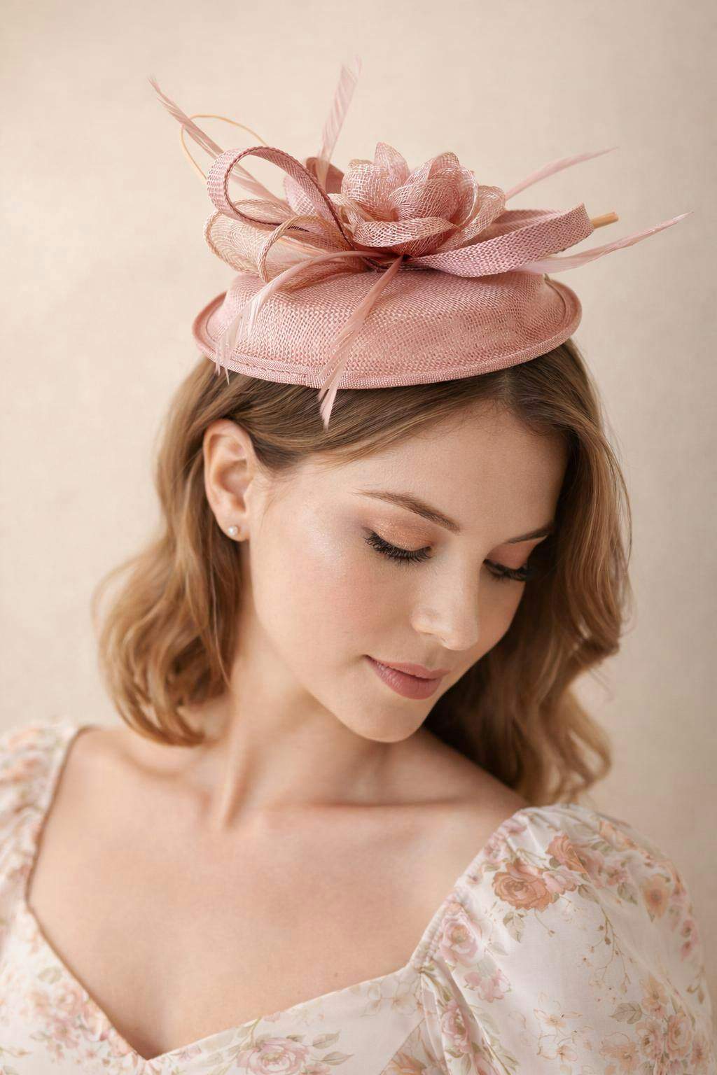 Svnx Pink Gauze Swirl Flower Feather Fascinator