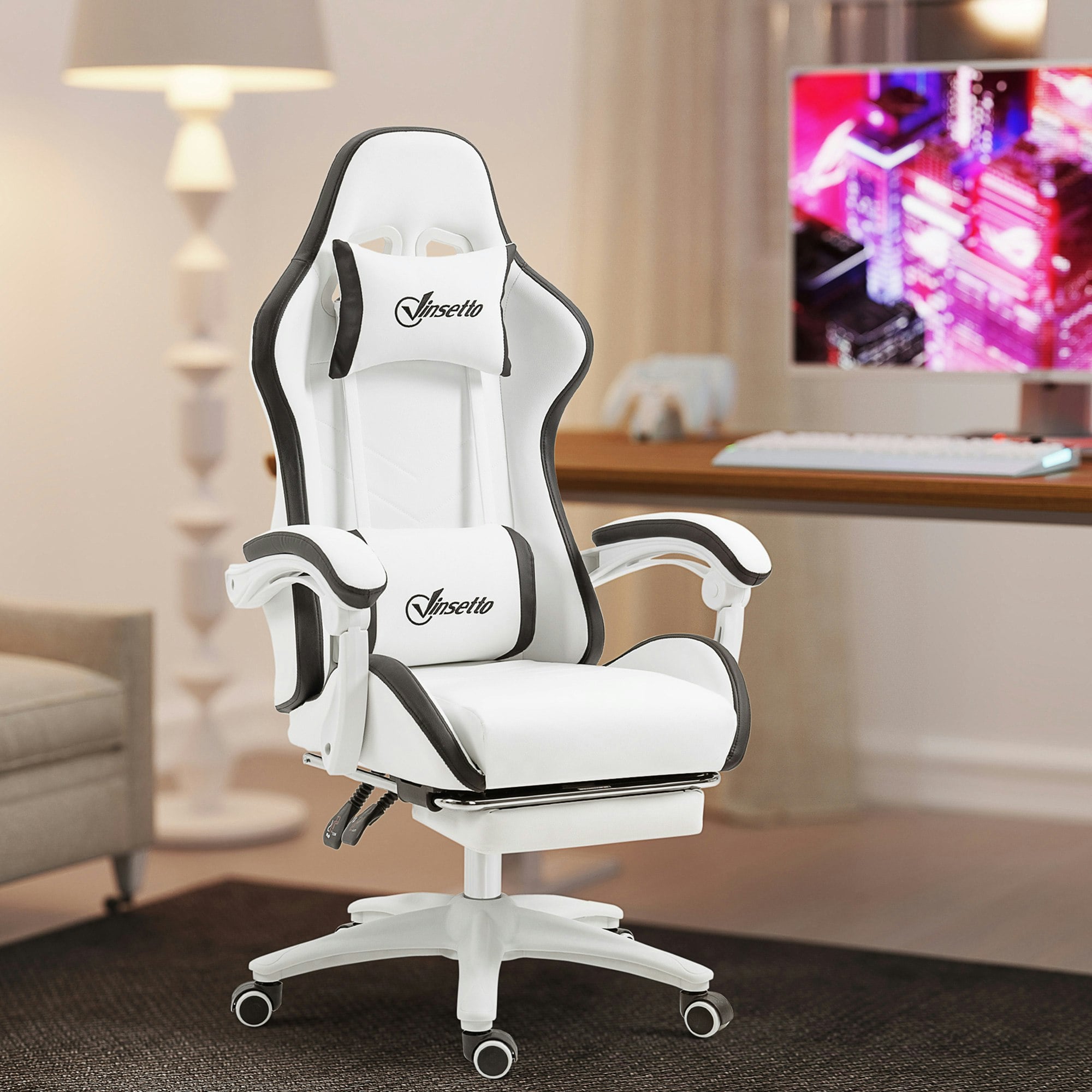 Vinsetto Gaming Chair with Reclining High Back, Footrest, White and Black | Computer Gamer Chair, Headrest, Lumbar Support, Swivel Wheels, PU Leather, Adjustable Height, for Home - Image 4