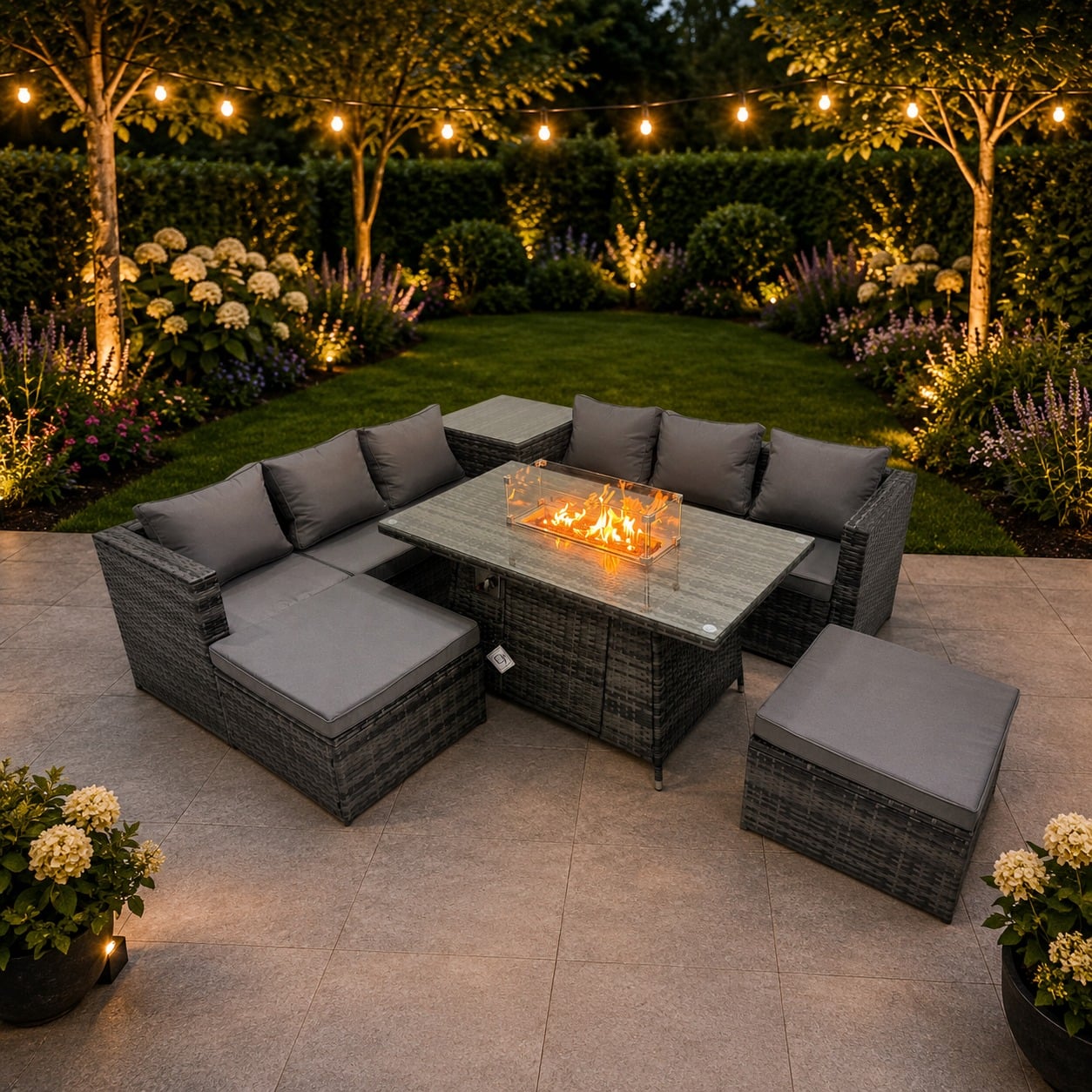 Fimous Dark/Grey 8 Seater Garden Outdoor Rattan Furniture Set Patio Corner Sofa Gas Fire Pit Dining Table With Side Table 2 Big Stools
