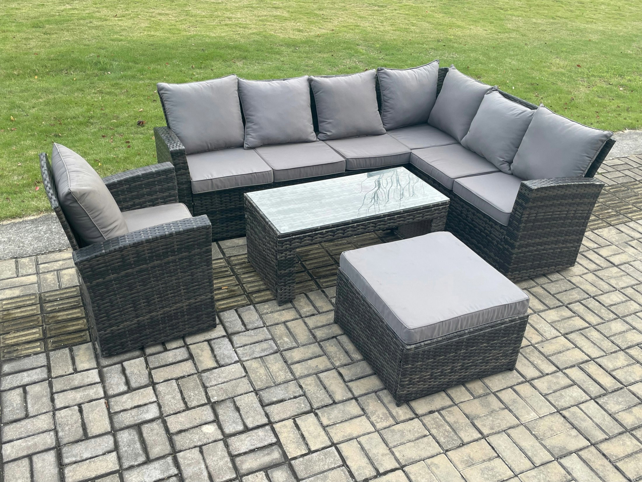 Fimous Dark/Grey Rattan Corner Sofa Garden Furniture Set With Big Footstool Rectangular Coffee Table Armchair With Cushion Mixed
