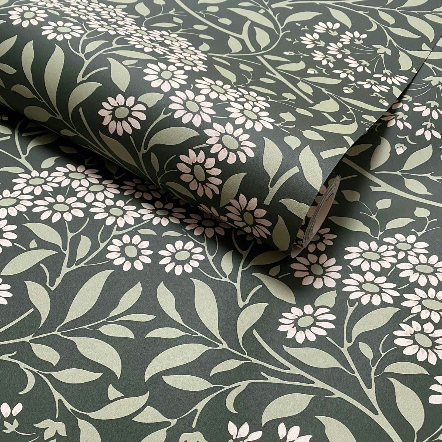 Rackhams Green/White Botanical Damask Wallpaper - 10.05M X 0.53M