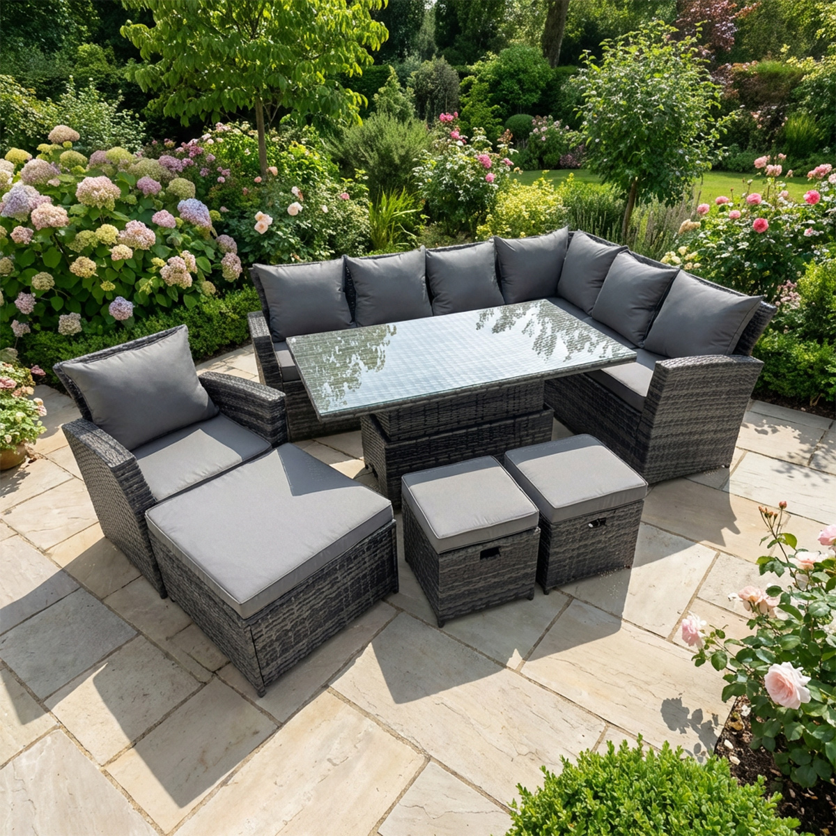 Rackhams Dark/Grey 10 Seater Rattan Garden Furniture Set With Corner Sofa, Adjustable Lifting Dining Or Coffee Table & 3 Footstools