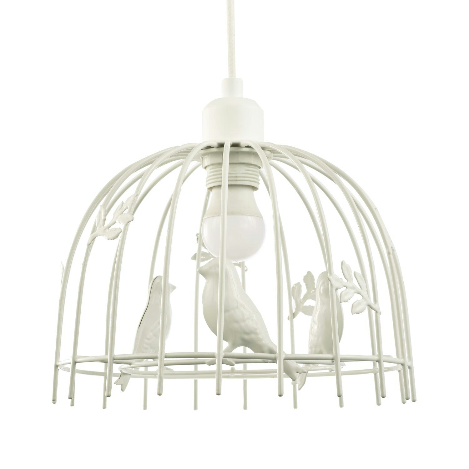 Happy Homewares White Birdcage Pendant Shade In Gloss Metal With Birds And Leaves - Shabby Chic