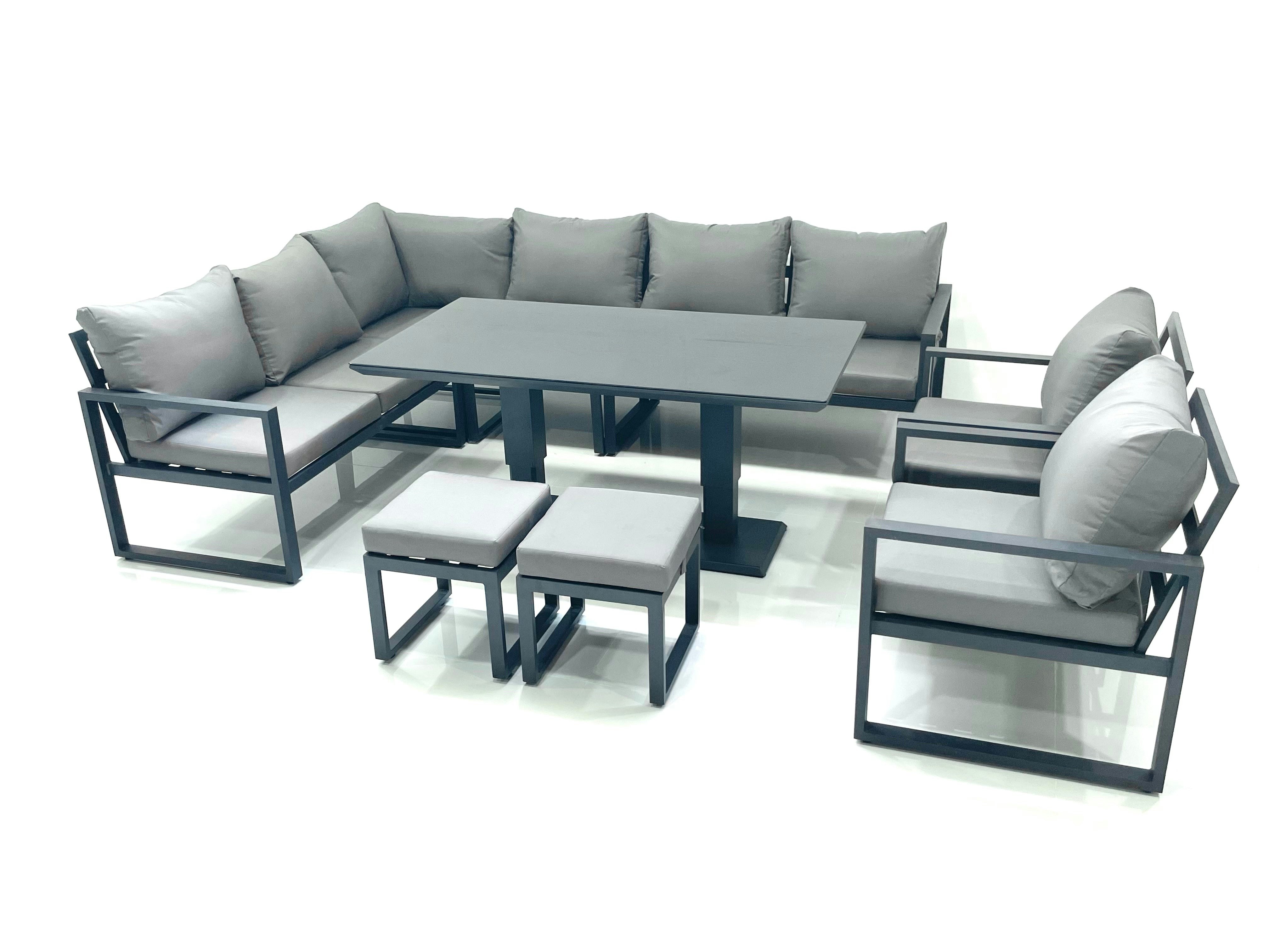 Fimous Dark/Grey Aluminium Outdoor Garden Furniture Set Corner Sofa 2 Chair 2 Small Footstool Adjustable Rising Lifting Dining Table Sets