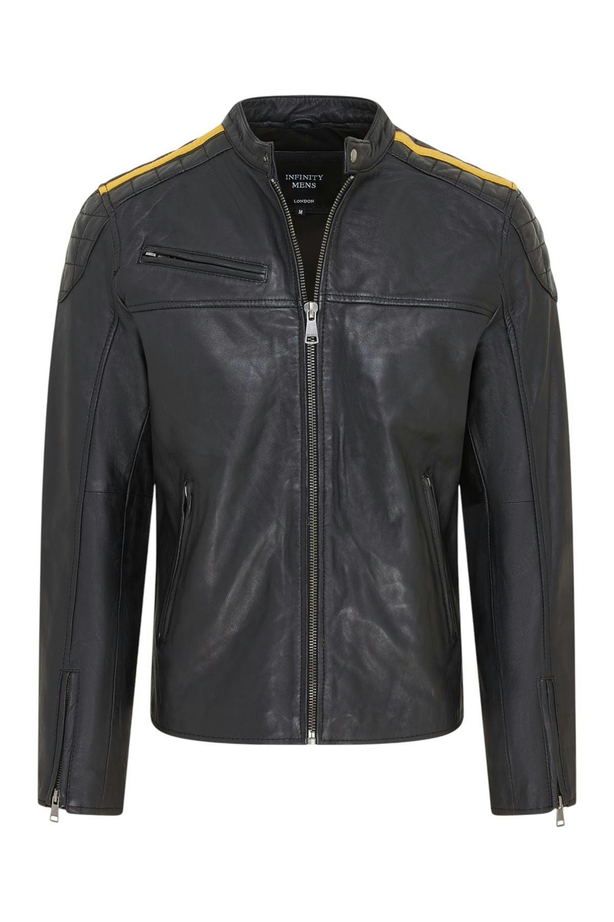 Infinity Leather Men's Black/Yellow Classic Quilted Leather Biker Jacket - Meridian - Uk Xs | Eu 44 | Us 34