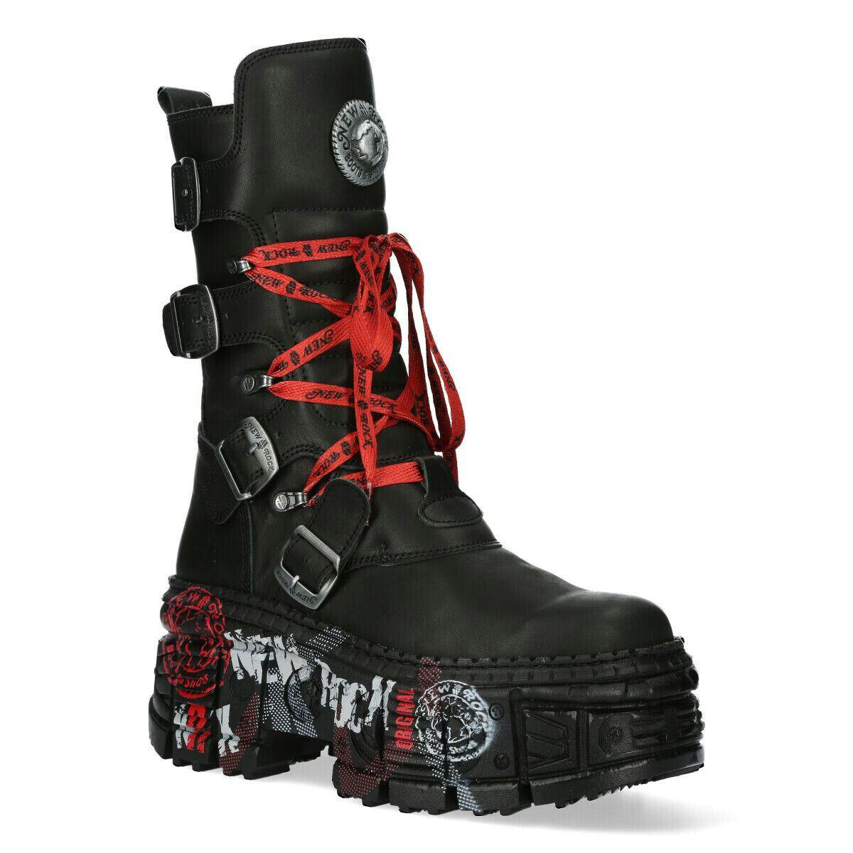 New Rock Unisex Black Mid Calf Punk Leather Boots-Wall028b-C1 - Uk 6.5 | Eu 40 | Us 9