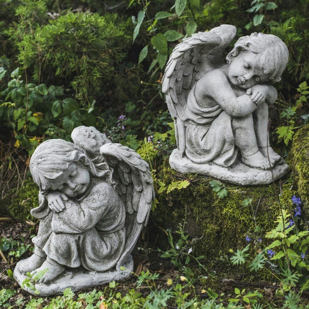 Rackhams Pair Of Resting Angels Stone Garden Ornaments