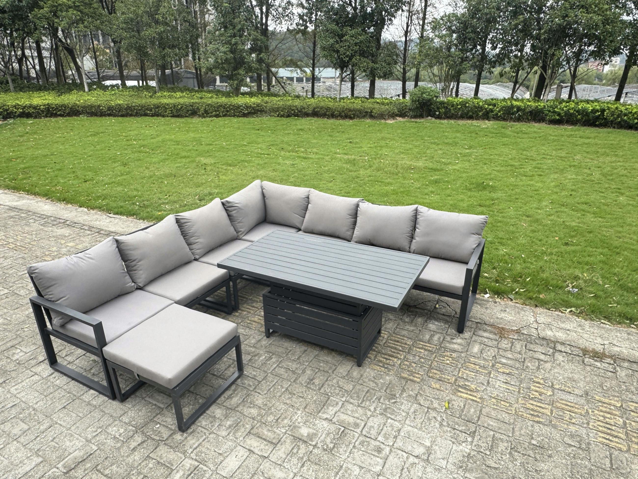 Fimous Dark/Grey 8 Seater Aluminium Outdoor Garden Furniture Set With Rising Dining Table