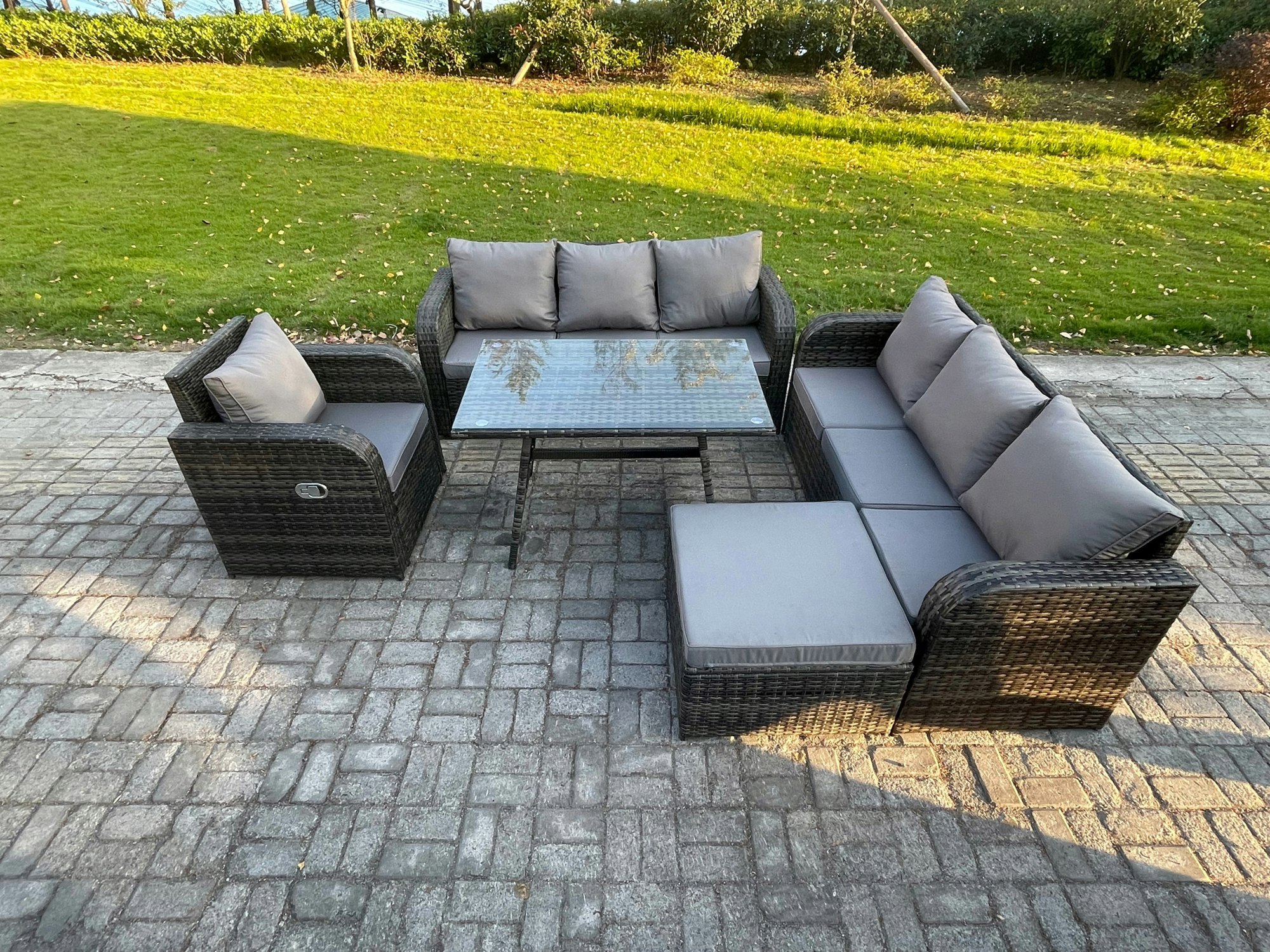 Rackhams Dark/Grey Outdoor Lounge Sofa Set Wicker Pe Rattan Garden Furniture Set With Rectangular Dining Table Reclining Chair Big Footstool Mixed