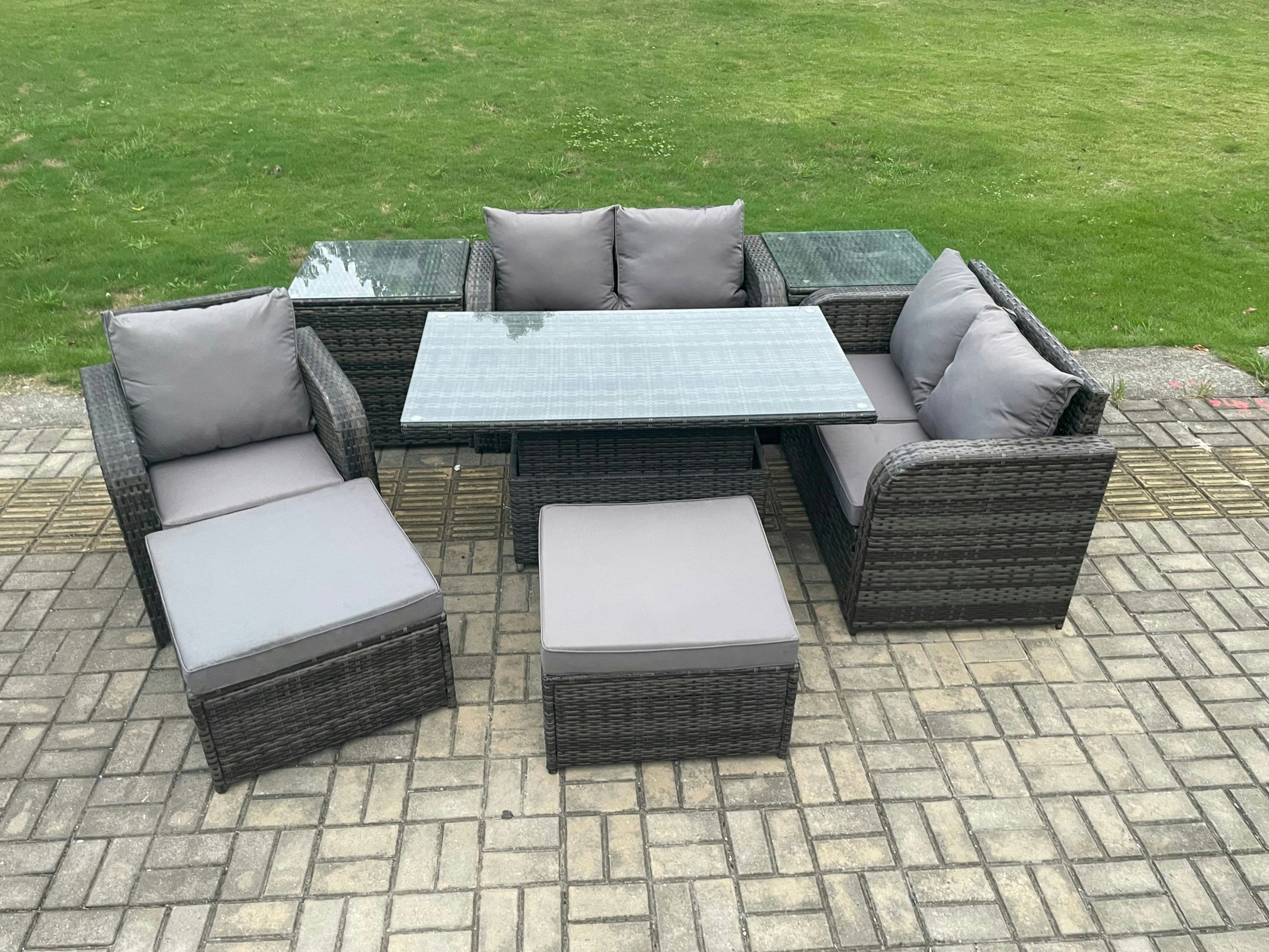 Fimous Pe Rattan Outdoor Dining Set - Height Adjustable Lifting Table, Loveseat, Reclining Chair, 2 Side Tables & 2 Big Footstools