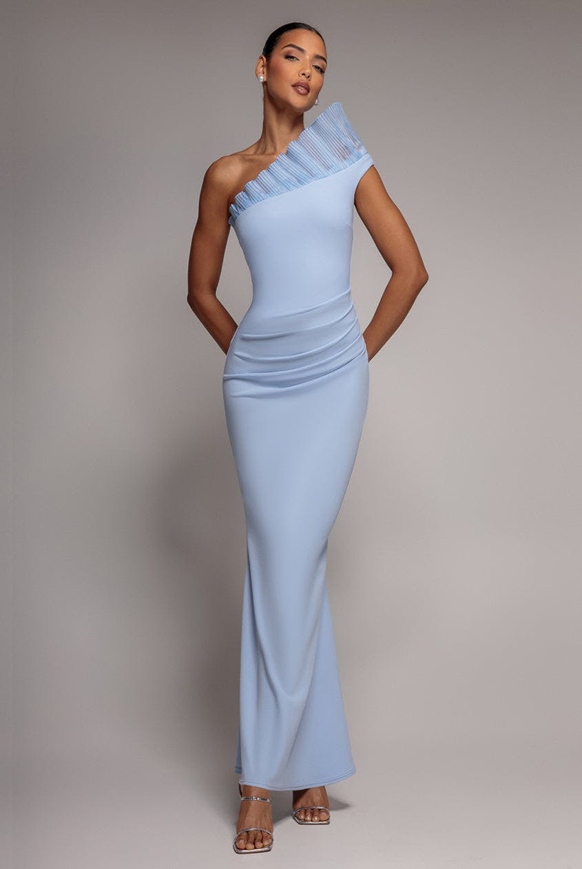 Goddiva Powder Blue One Shoulder Organza Frill Pleated Mermaid Maxi Dress - By - 12