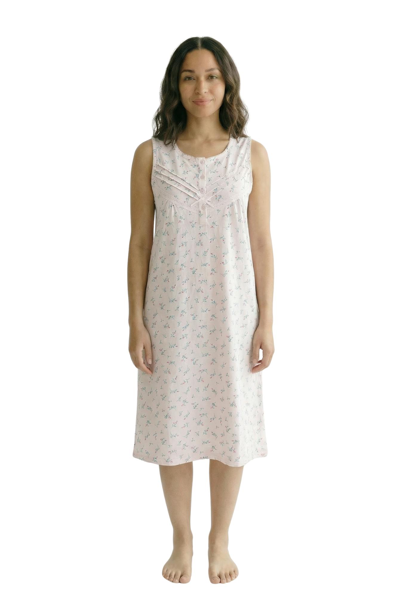 Camille Women's Pink Classic 100% Organic Cotton Sleeveless Nightdress - 14-16