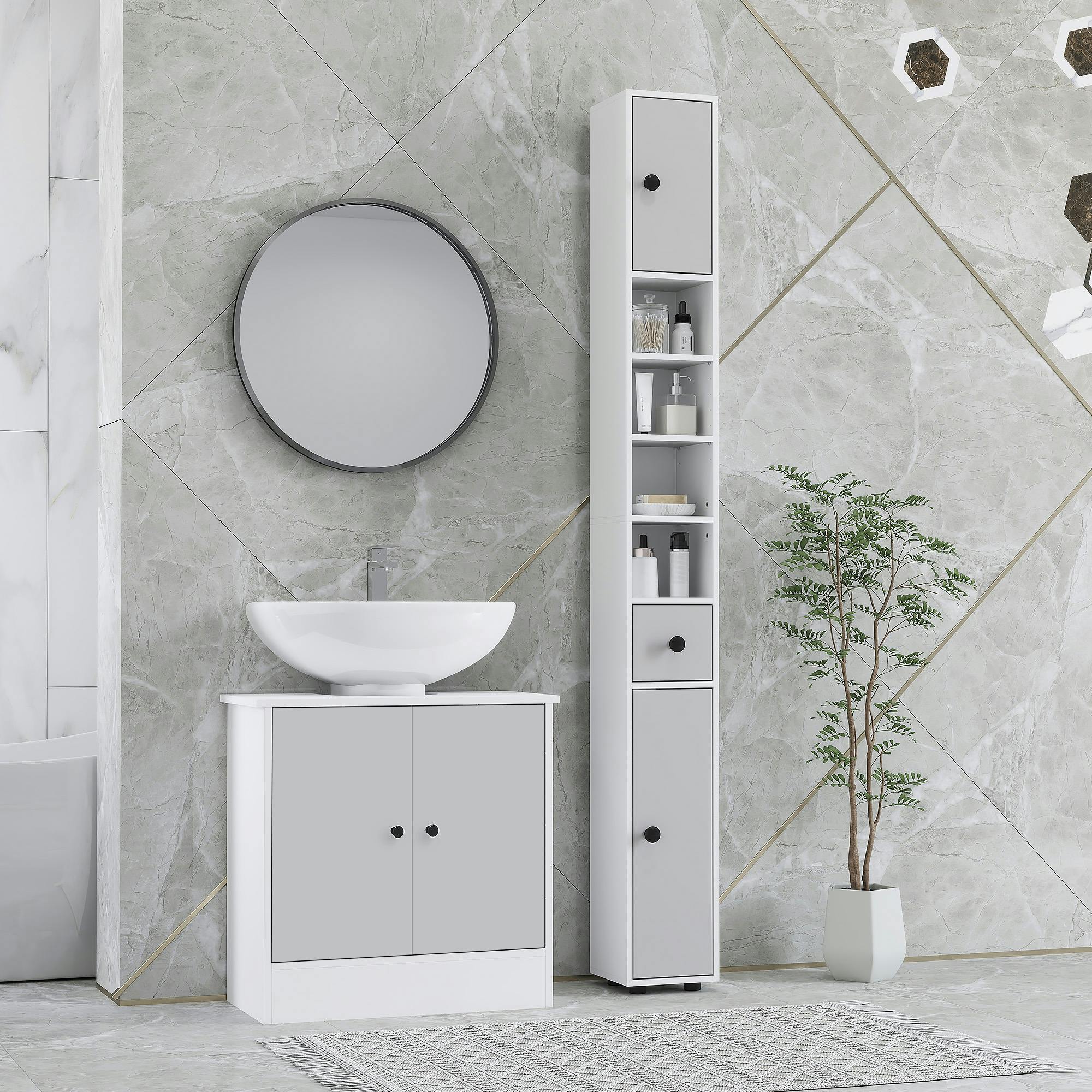 Rackhams Black/Light/Grey Slim Bathroom Cabinet, Toilet Roll Storage W/ Open Shelves, - Bathroom Cabinet - Particle Board