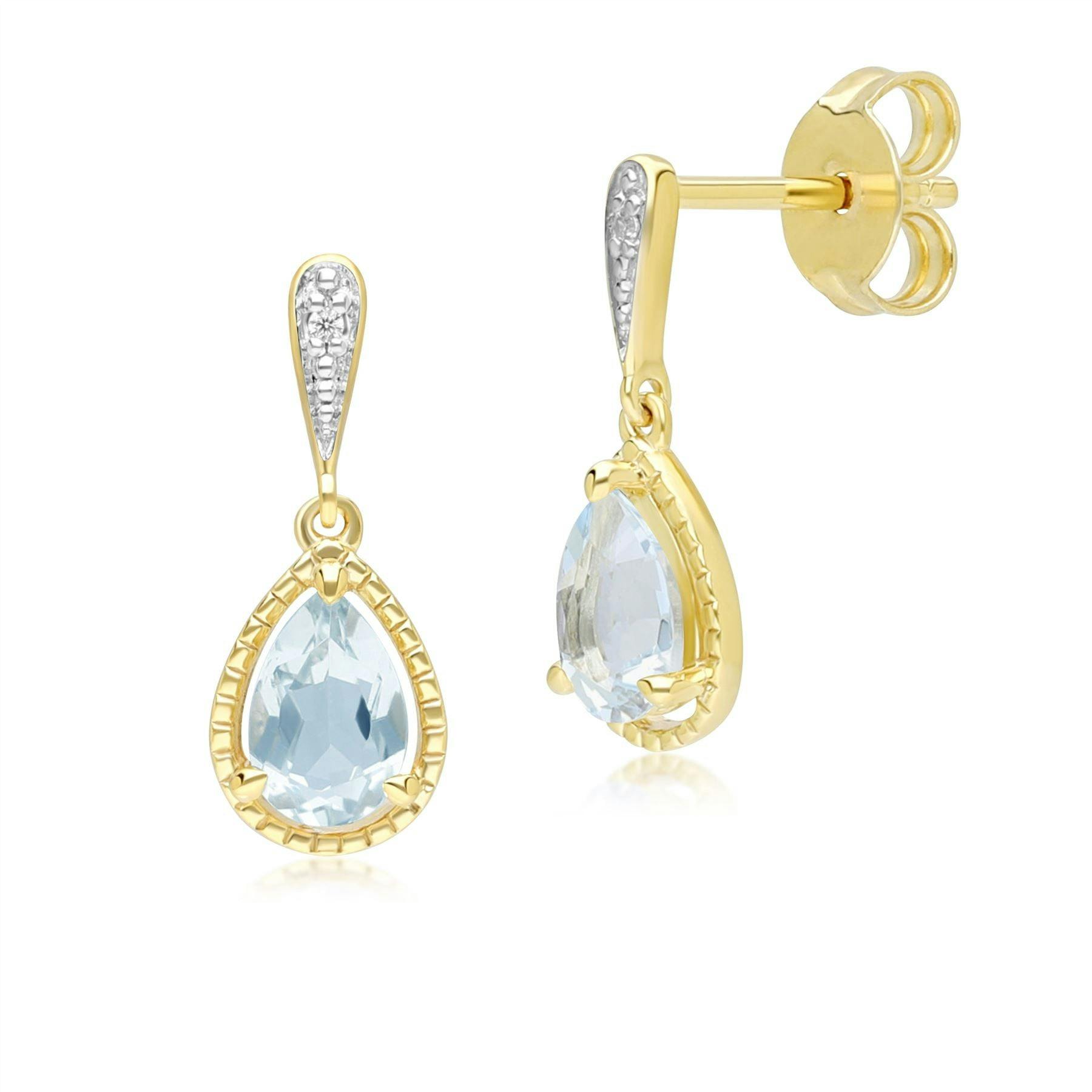 Gemondo Yellow/Gold Classic Pear Aquamarine & Diamond Drop Earrings In 9Ct