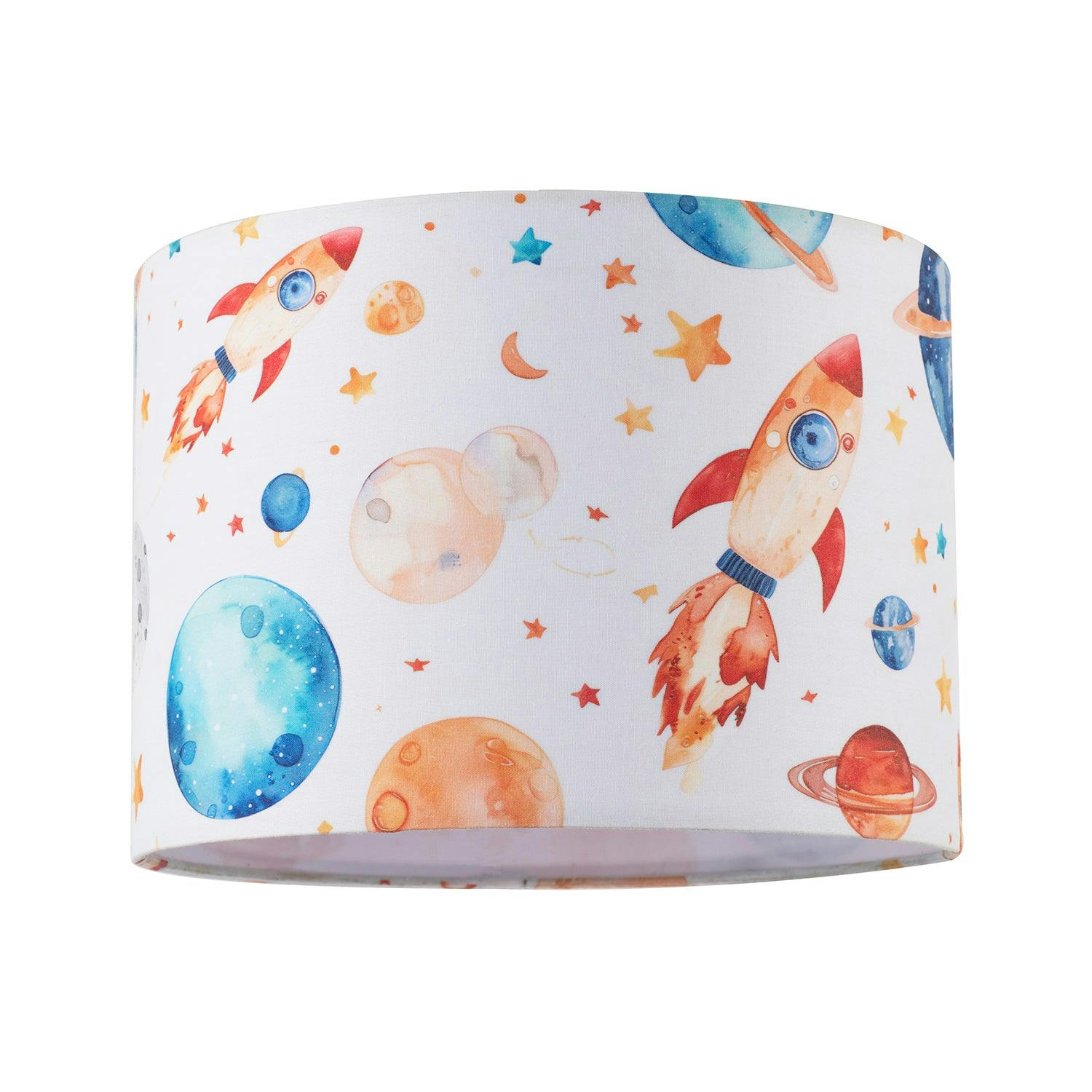 Happy Homewares Red/White Colourful Space Themed Kids Lamp Shade With Rockets Planets And Stars