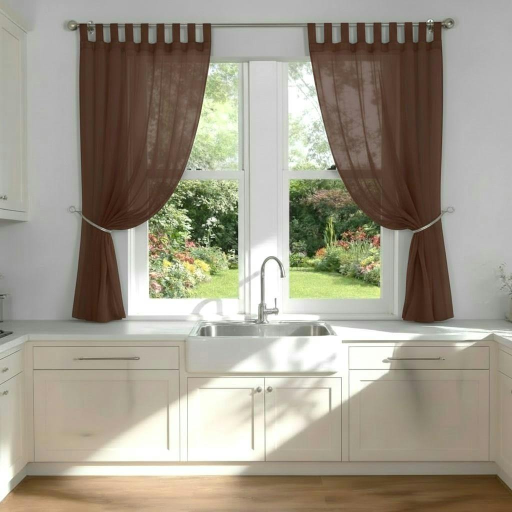 Rackhams Light Voile Tab Top Curtain Pair With Crystal Tie Backs Sheer Window Panels - Chocolate - 150Cm Width X 183Cm Drop